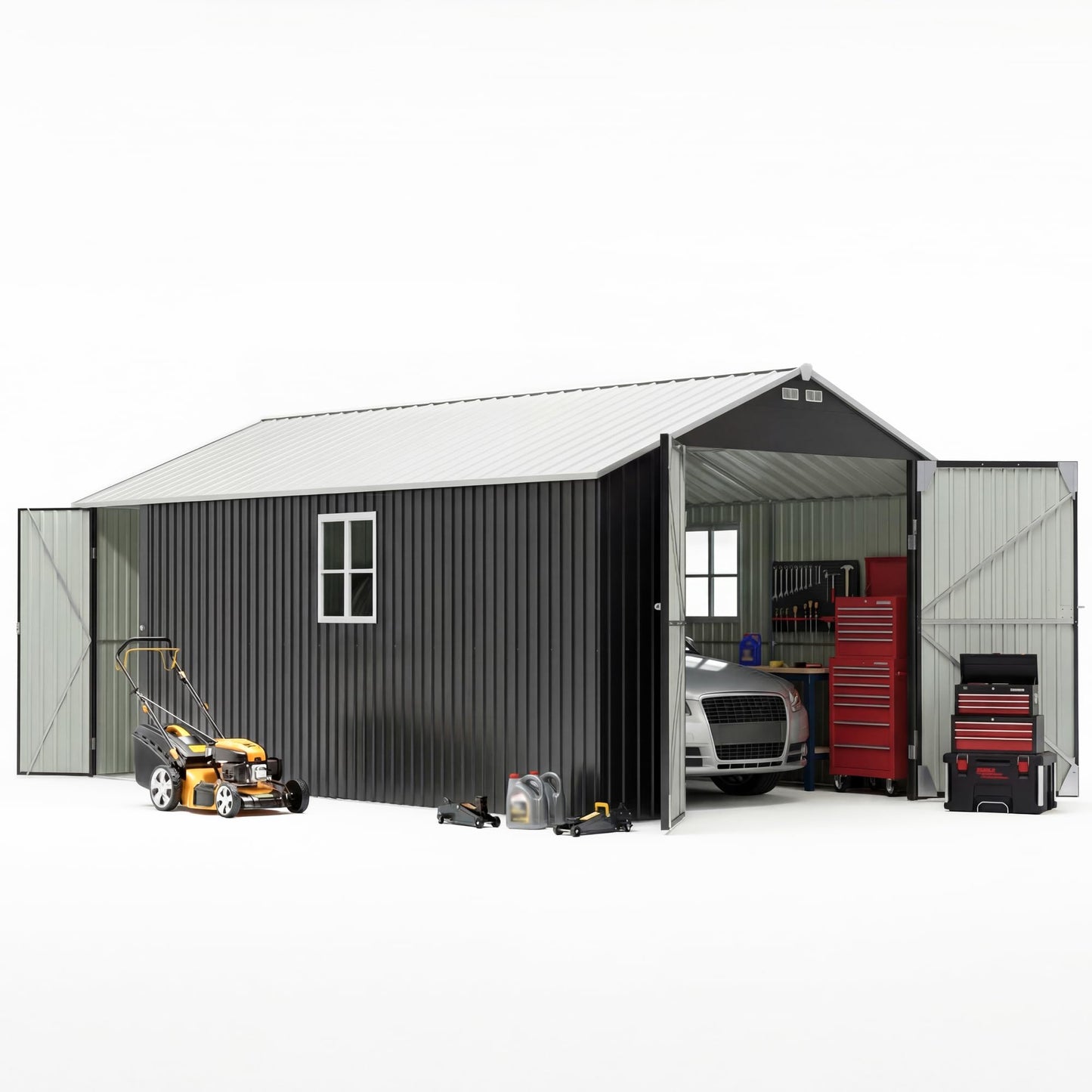 Patiowell 12x20 FT Enclosed Metal Carport, Large Heavy Duty Car Port with Galvanized Steel Frame, All-Weather Garage Car Shelter with 3 Lockable Doors & Windows for SUV, Boats and Trucks, Black