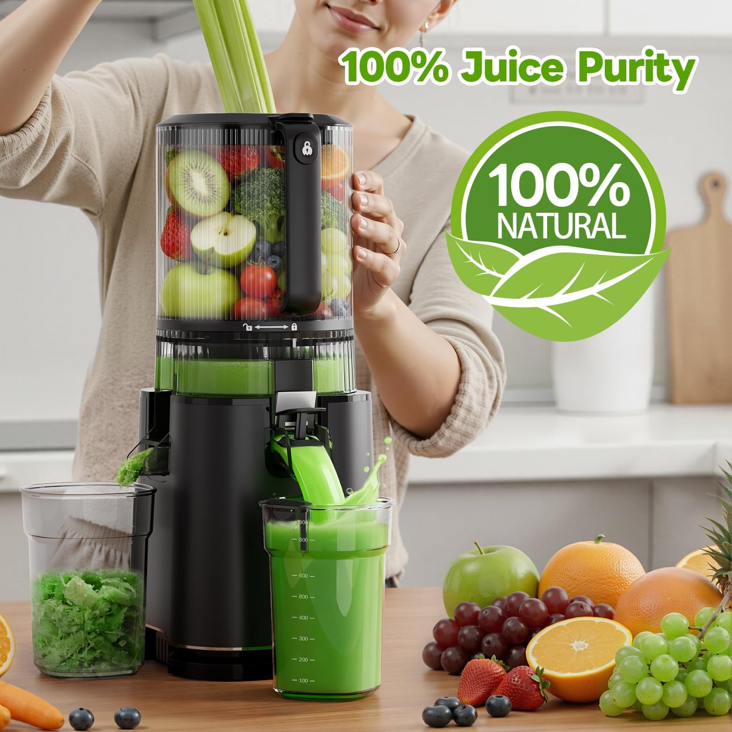 ECOSELF 3-in-1 Juicer with 3 Filters (Juice/Sorbet/Nut Milk), 6.0" Wide Mouth Hopper, Juicer Machines With Self Feeding & Hands-Free, Cold Press Juicer for Family Party, High Juice Yield, With Brush