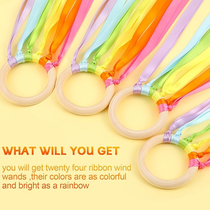 Junkin Ribbon Rings Hand Kite Waldorf Toys Dancing Wrist Ribbons Rainbow Streamers with Wood Ring Sensory Learning Educational Toy for Playroom Dancing Birthday Party Gift(Fresh,24 Pcs)