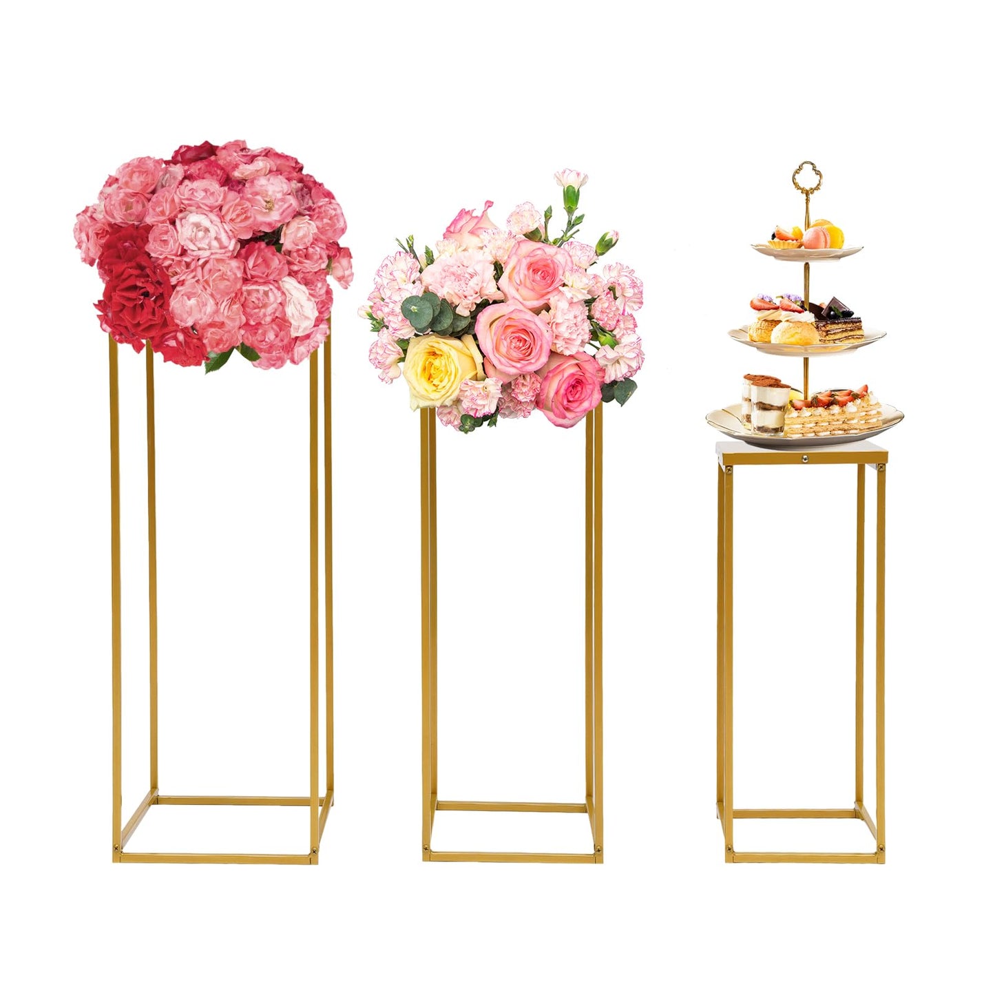 3Pcs Metal Flower Stands, Rectangular Tall Gold Wedding Flower Stand with 3 Different Sizes,Flower Vase Wedding Table Centerpieces Column with 17.64Lbs Load-Bearing,Geometric Floral Display Holder
