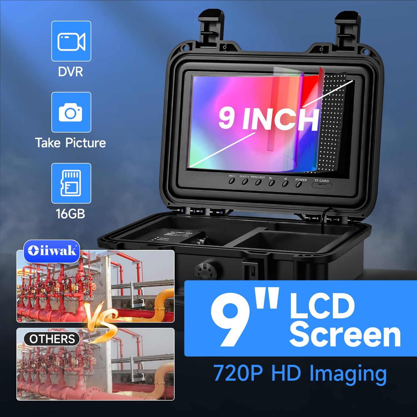 Oiiwak Sewer Camera, 165FT Sewer Pipe Inspection Camera with 9'' LCD Monitor for Snake Drain Plumbing Pipe, 720P DVR Recorder, 12 LEDs, IP68 Waterproof 23MM Industrial Borescope, 16GB SD Card