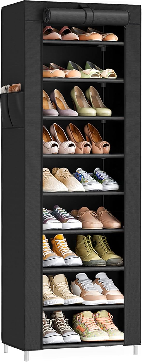 SONGMICS 10-Tier Shoe Rack - Dustproof Shoe Storage Cabinet for 20 Pairs - Black Free-Standing Organizer