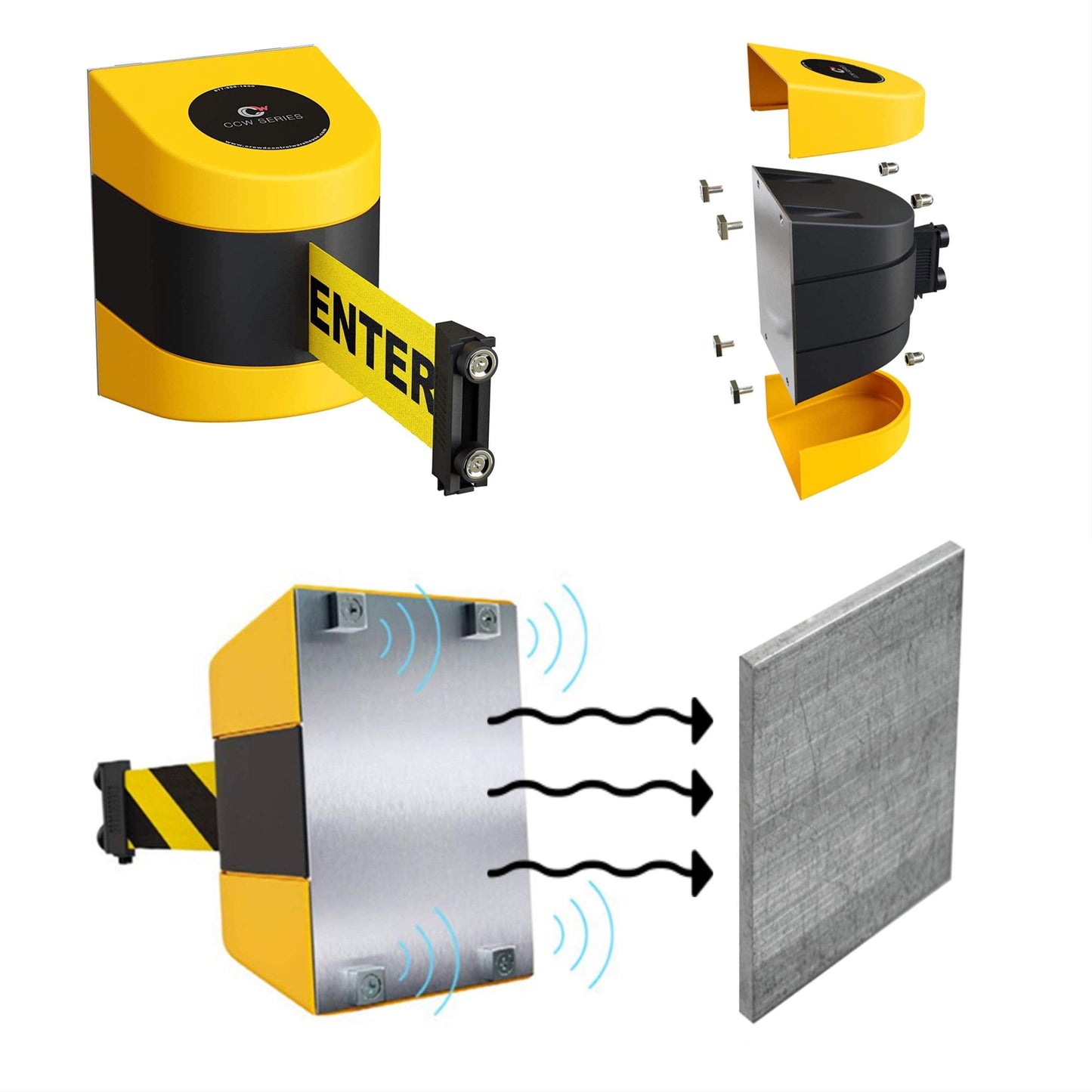 CCW Series WMB-230 Magnetic Wall Mount Retractable Belt Barrier (30 Foot Belt, Black and Yellow Diagonal Belt with Yellow ABS Case)