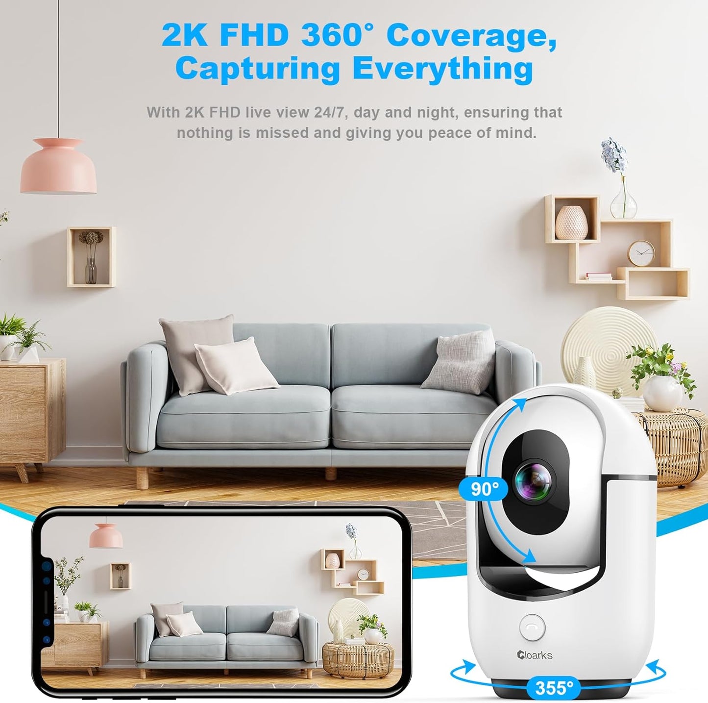 Cloarks 2K 2-Way 24/7, Pan/Tilt Security Camera, WiFi Indoor Cameras for Home Security with AI Motion Detection