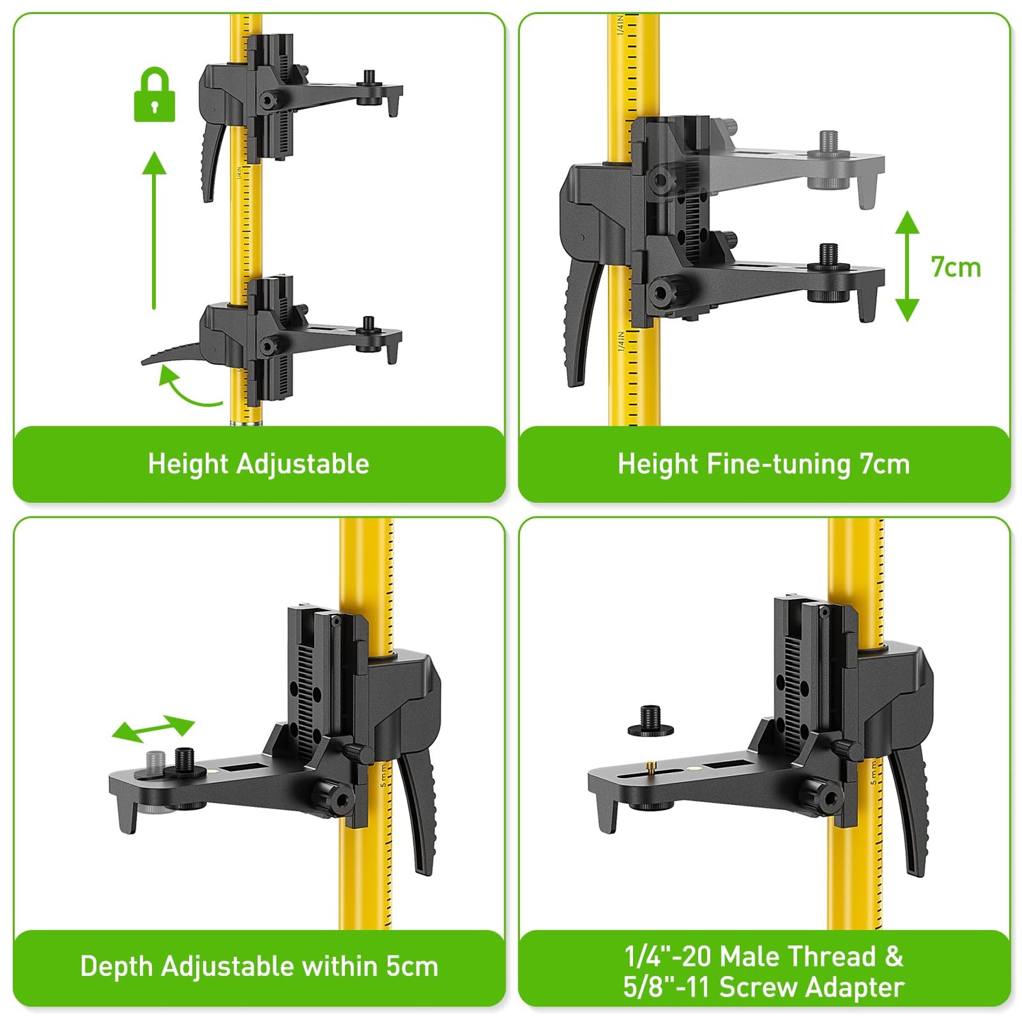 Huepar 12 Ft./3.7M Professional Laser Level Pole with Tripod and 1/4-Inch by 20-Inch Laser Mount for Rotary and Line Lasers, Adjustable Telescoping Laser Pole with 5/8"-11 Threaded Adapter-LP36A