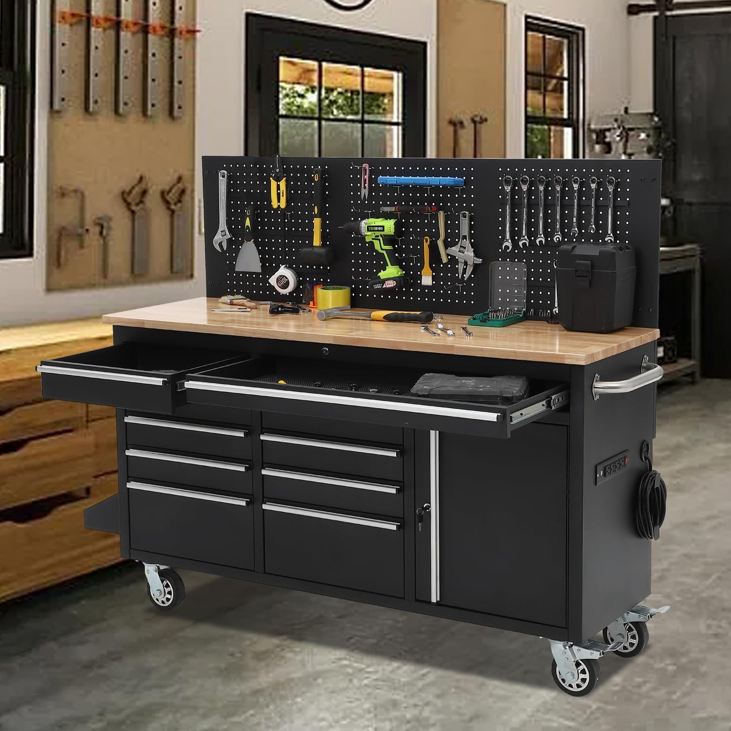 GarveeLife 61-Inch Rolling Tool Chest with 10 Drawers Garage Workbench, Solid Rubberwood Top, Storage Cabinet with Wheel Lock and Key Lock for Workshop, Garage, Kitchen and Home