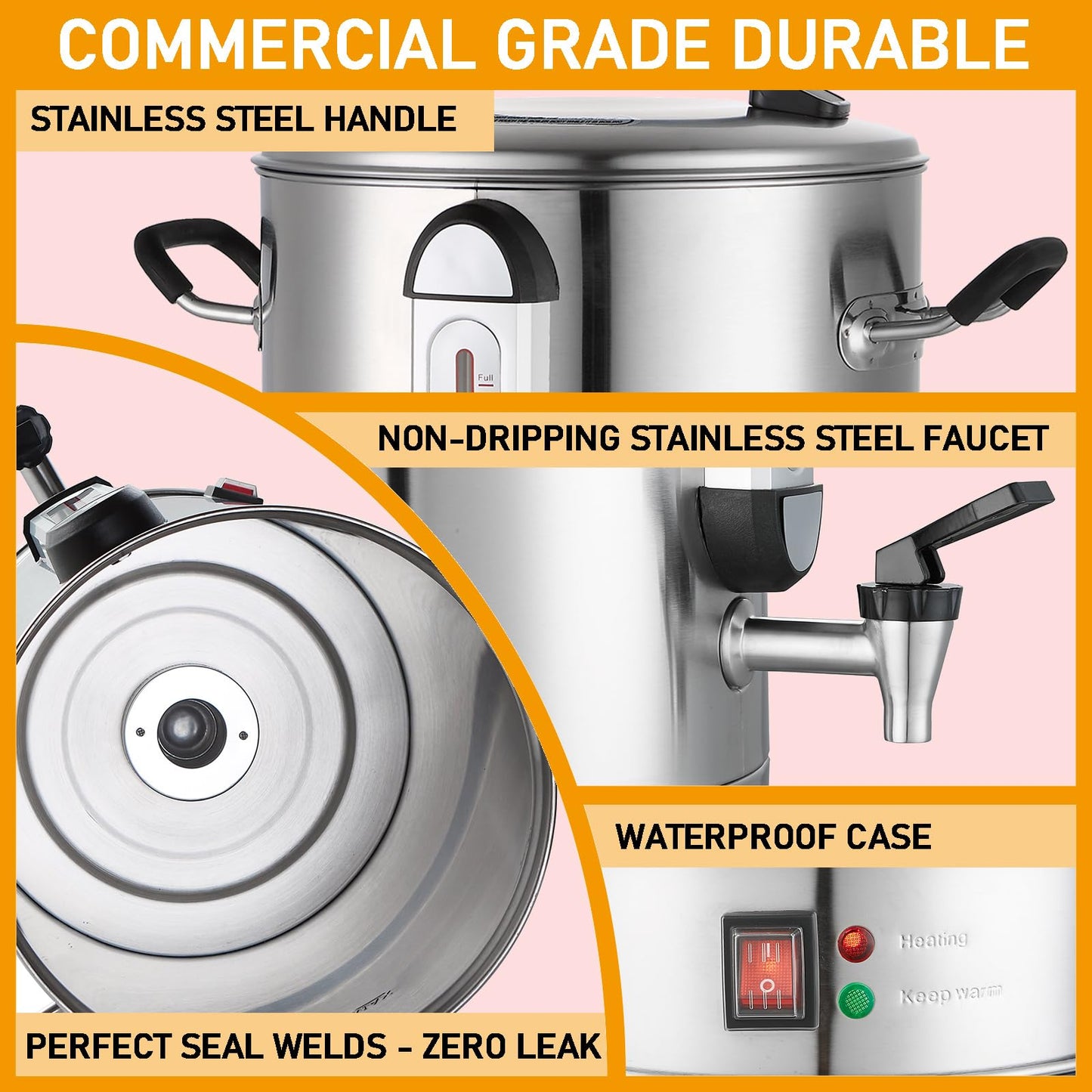 Fattong's Lab Commercial Coffee Urn, 120 Cup/20L Large Coffee Maker for Catering & Events, Stainless Steel Percolator, 1300W Quick Brew Hot Water Dispenser with Double Wall Insulation, Silver
