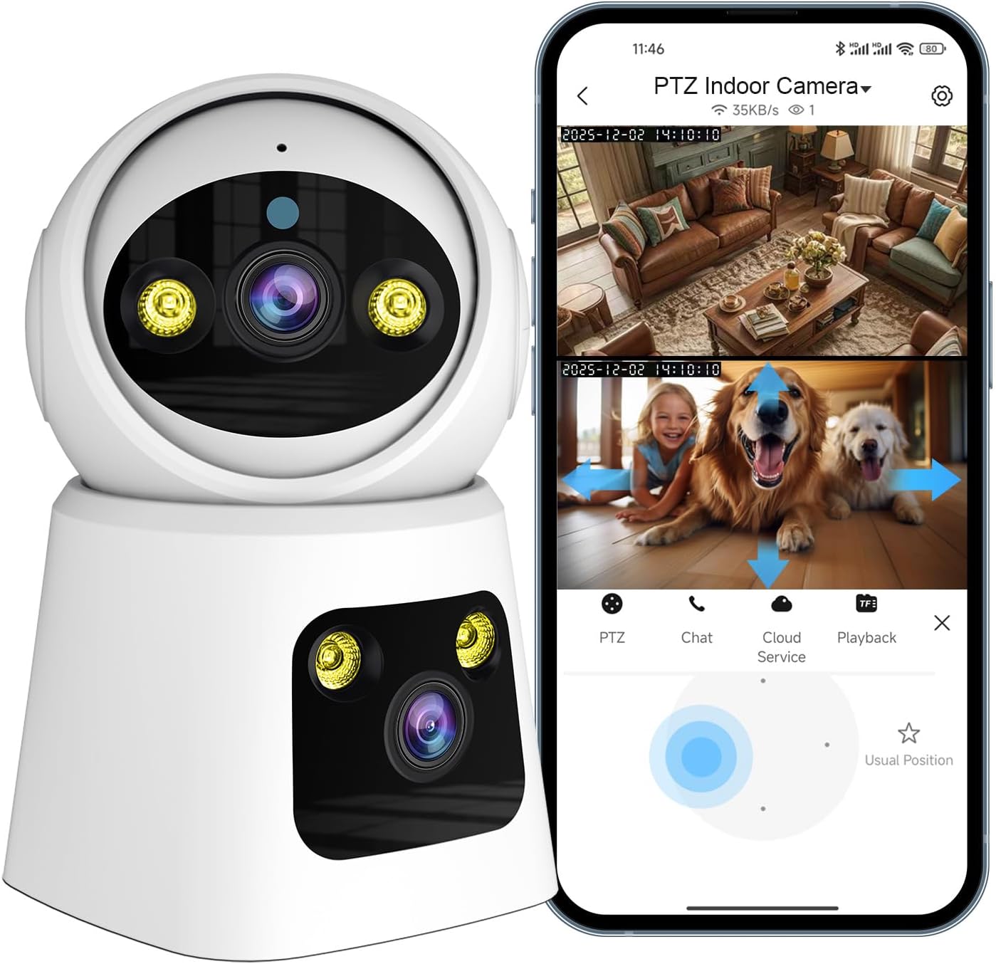 Kinnkall 4MP 360 2.4G/5G 24/7 2-Way Dual Lens Indoor Security Camera, Pan/Tilt Baby & Pet Monitor, WiFi, Motion