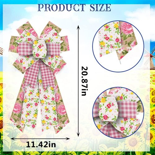 Estivaux Large Spring Flower Bow - Pink Buffalo Plaid & Natural Burlap | Perfect for Wreaths & Holiday Decor