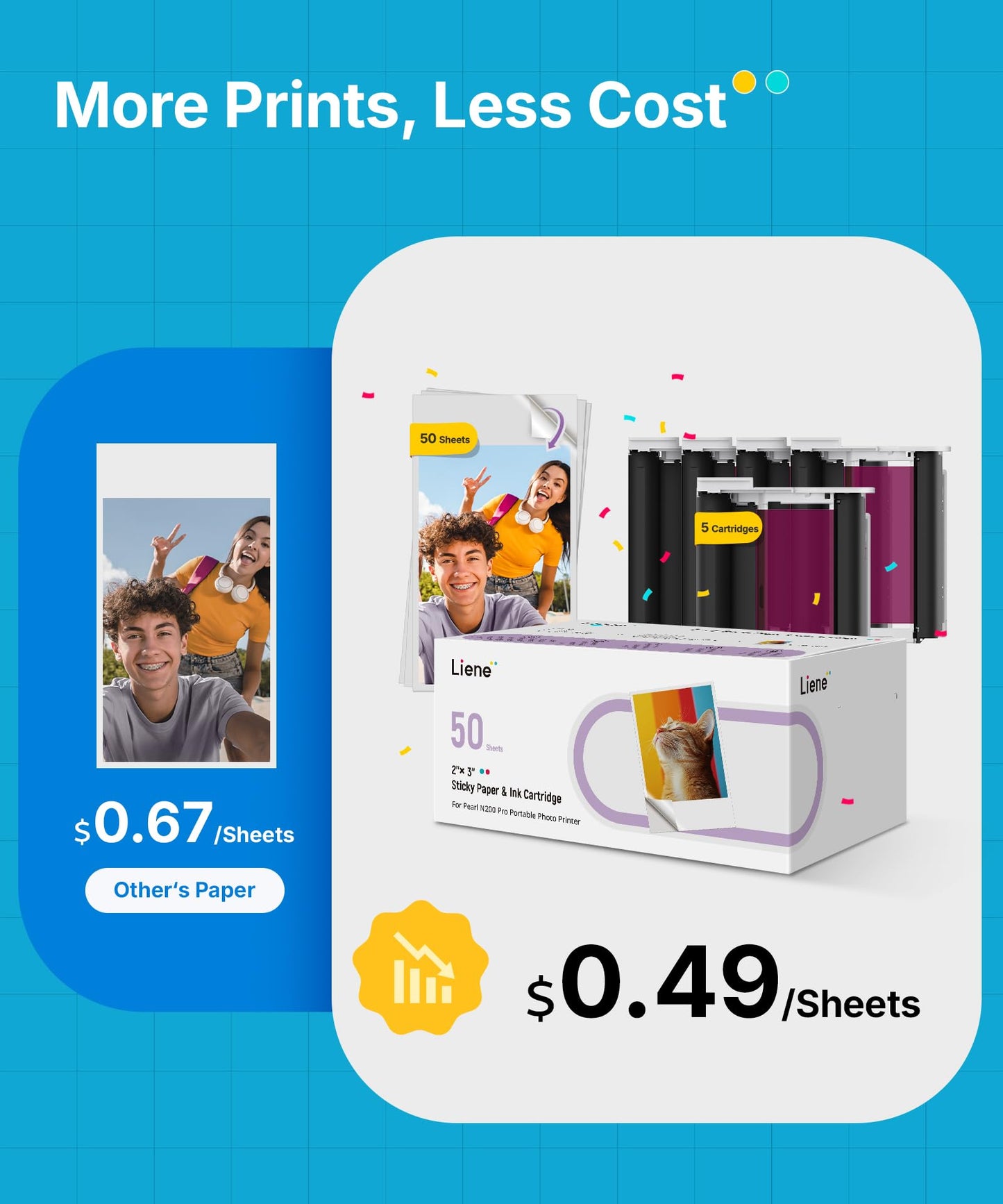 Liene Pearl N200 Pro Portable AI Photo Printer, Instant Mini Picture Printer for iPhone Smartphone, Thermal Dye Sublimation, Bluetooth Sticker Maker 50 Sheets 2x3 Adhesive Paper & 5 Cartridges, Gold
