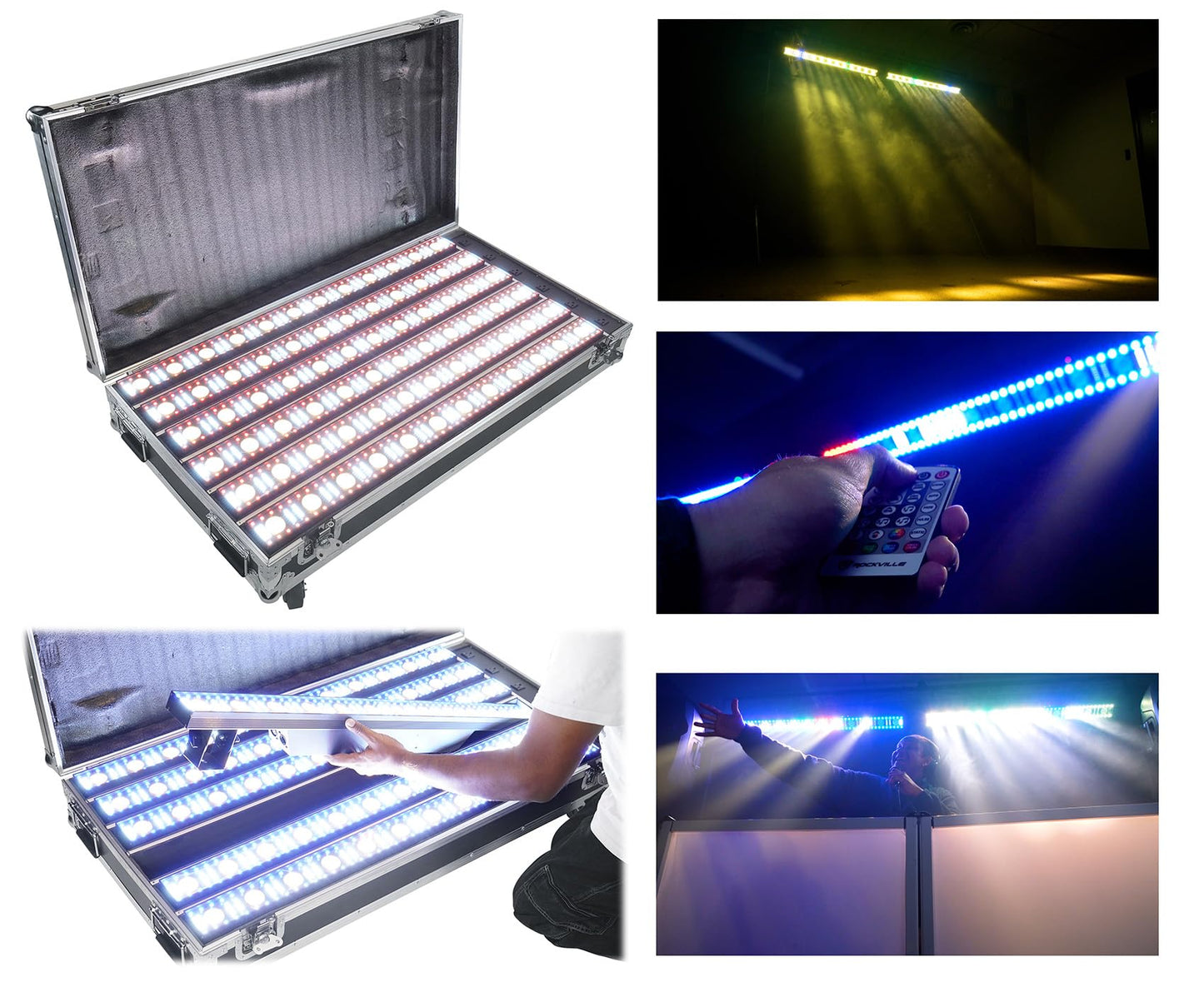 Rockville Pixel Hybrid Pack 6 Battery Powered Bar Wash/Strobe/Blinder Light Strips, RGB 5050 LEDs, Wireless DMX, Custom IR Remote, 10-Hour Battery, Charging Case, for DJs and Stage Lighting