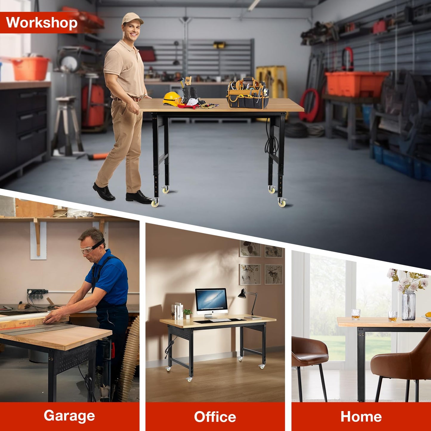 MUWOOD Height Adjustable Workbench with Wheels 60”×22” Heavy Duty Work Table 2000 LBS Capacity Rolling Work Table Rubber Wood Work Station with Power Outlet & Pegboard for Garage, Office, Workshop