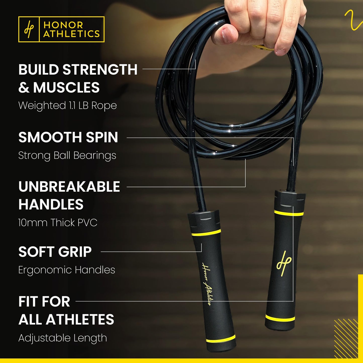 Honor Athletics,WEIGHTED 1.1lb HEAVY Jump Rope for High-Intensity and Strength Training,Adjustable 10ft PVC Rope with Ergonomic Grip, Ball Bearing, and Fitness,Designed for Adults and Kids (Black)