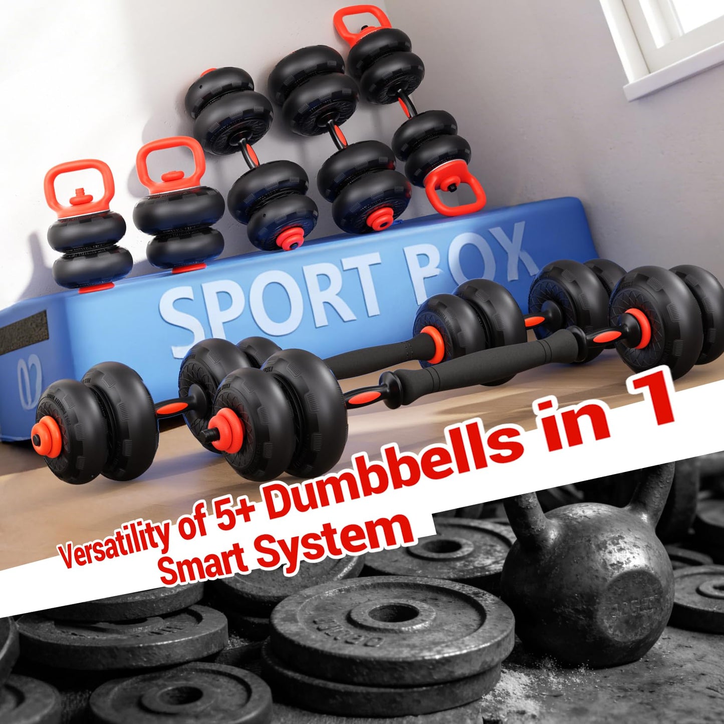 Yoleo Adjustable Dumbbell Set, 45LBS Dumbbell Set with Silent Anti-Collision Air Cushion with Connector, 5-in-1 Dumbbells Set Includes Barbell, Kettlebells, Push up Stand, Weight Plate, Exercise & Fitness Dumbbells Weight Set for Home Gym Suitable Men/Wom