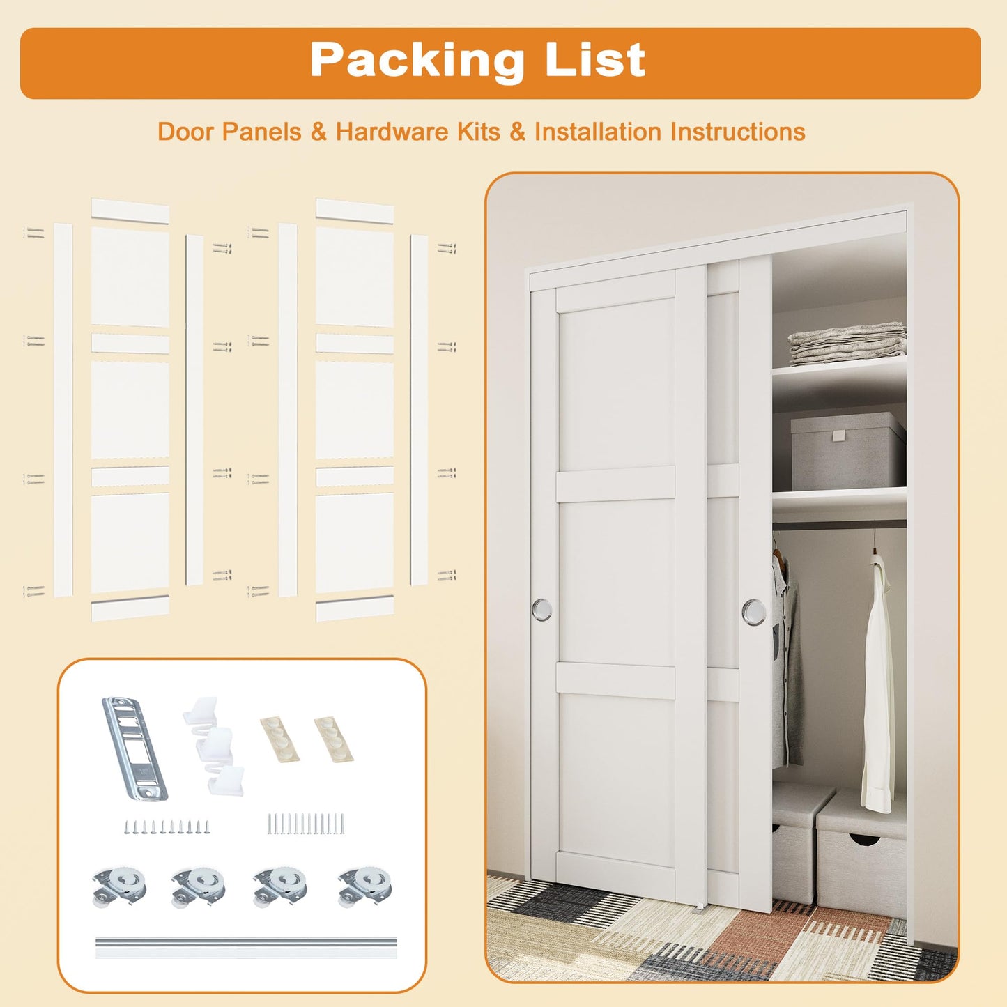 JUJUBON Closet Sliding Door, 60"×80"(Double Doors 31"), 3 Panel Sliding Door with Hardware Kit, Pre-Drilled Doors Panel, MDF with Paintable Surface, Need to Assemble, White