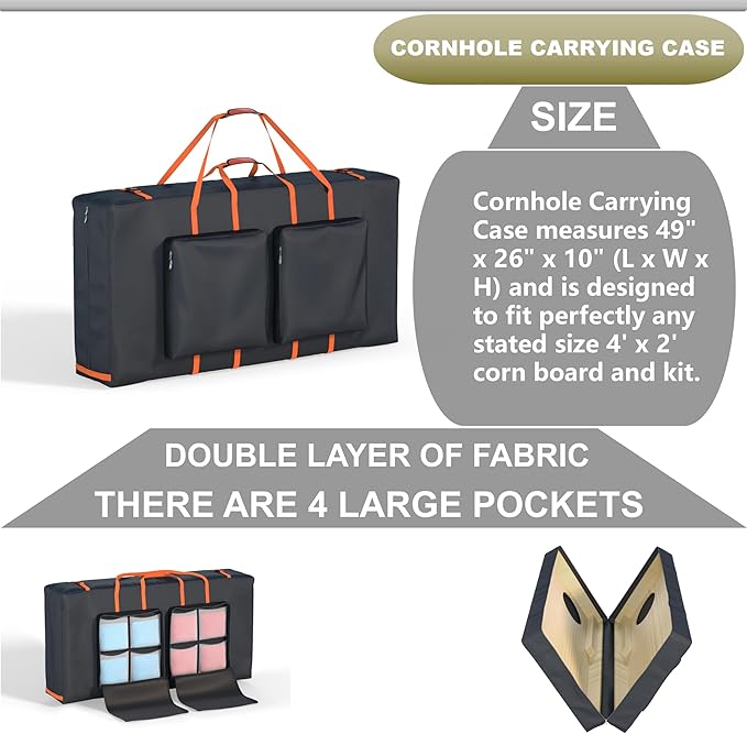 Cornhole Carrying Case Fits 4' x 2' Regulated Size, Heavy Duty 600D Oxford Fabric Waterproof & Dustproof, 4 Large Pockets for Outdoor Play