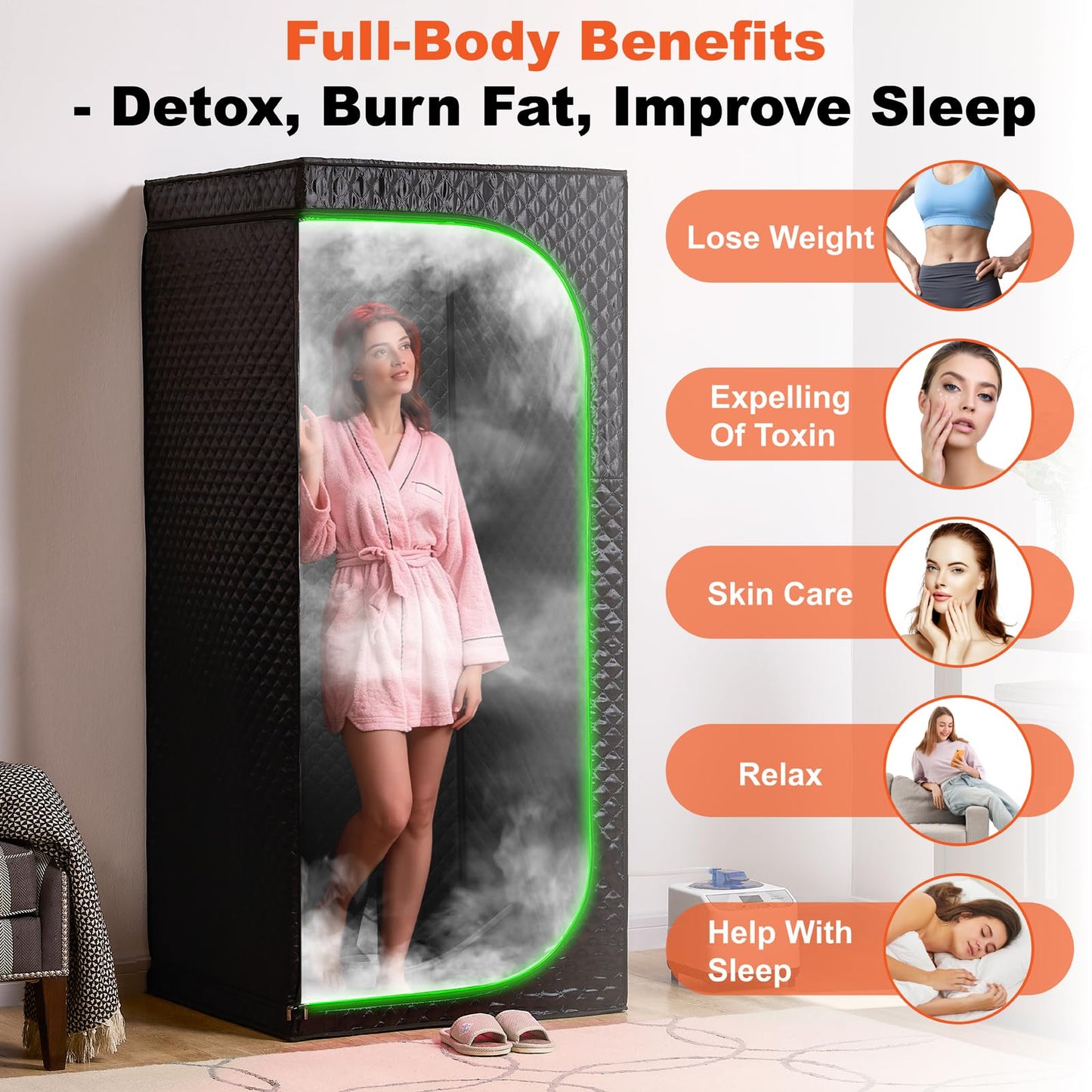 UNANEST Portable Steam Sauna Tent with Clear View Door, Black, Full Size Square Sauna for Home, 3L Steamer, 9 Heat Levels