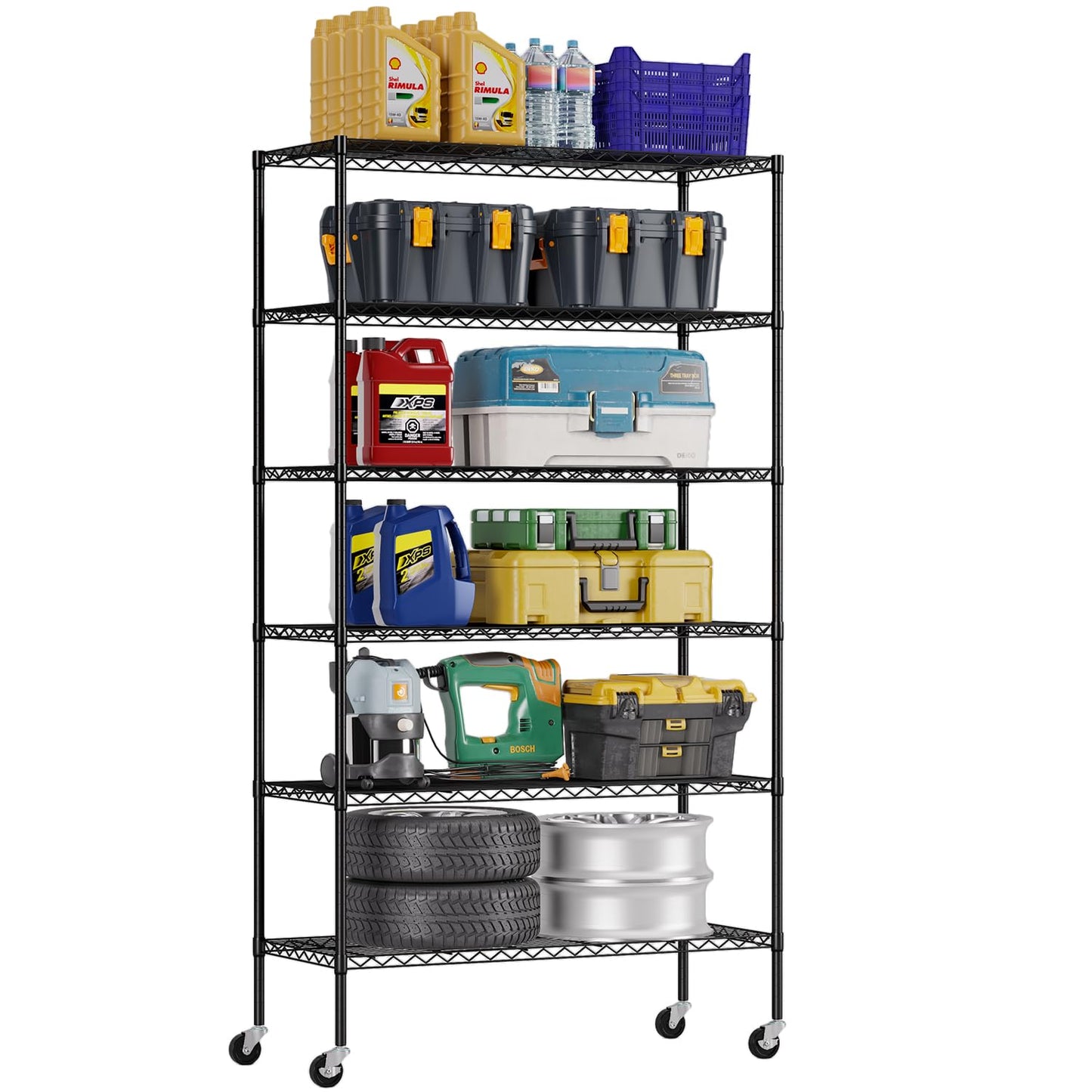 FDW | 6-Tier Wire Storage Shelves with Wheels | 45"x18"x82" | Black | Adjustable Racks | Heavy-Duty Metal Shelf, Holds Upto 2100 lbs | Tool-Free Assembly, Rust-Resistant | for Home & Garage Shelving