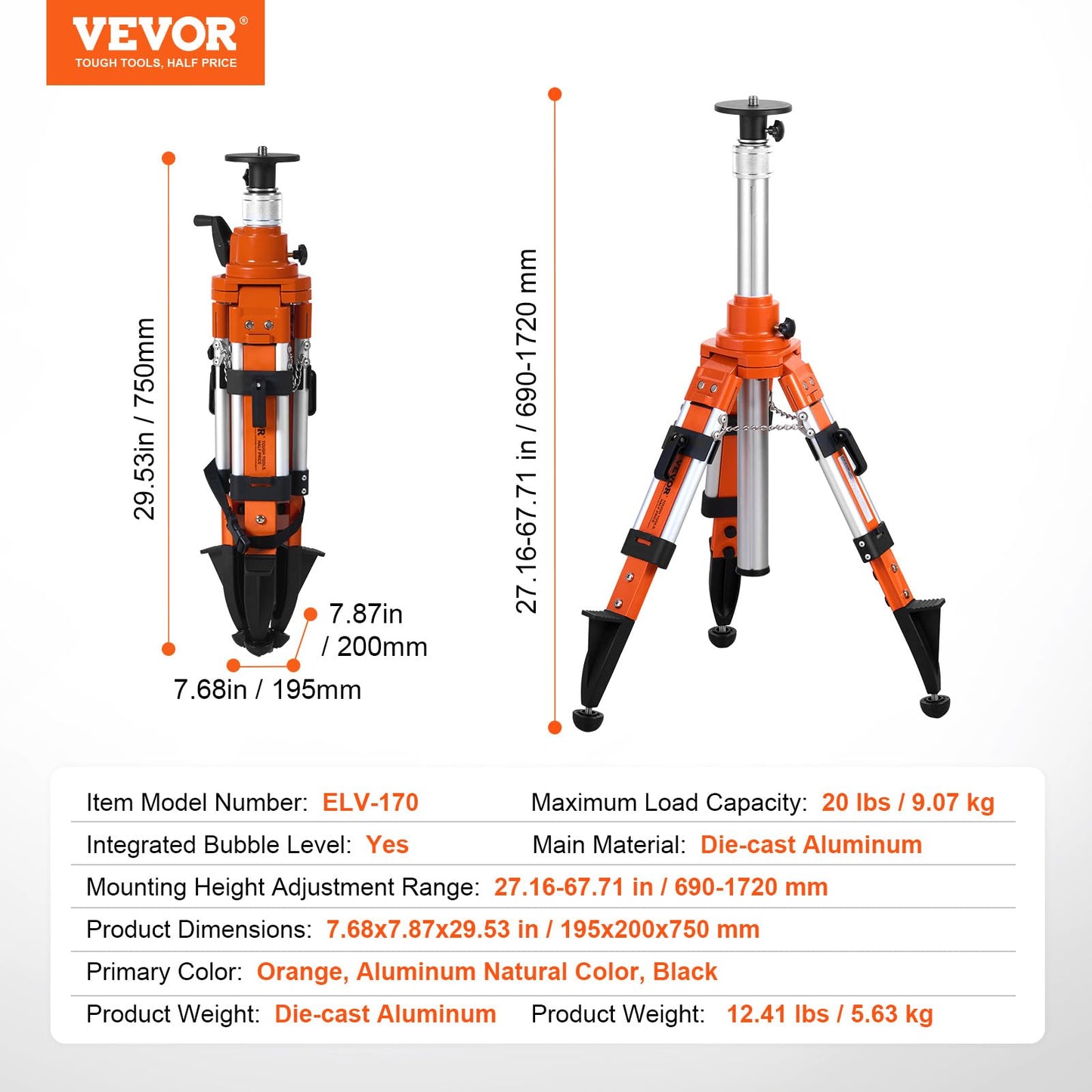 VEVOR Laser Level Tripod Stand, 5/8"-11 Thread Mount, 27.16-67.71 inch Height Adjustment Heavy Duty Survey Tripod, with Level Bubble & Diffusion Limiter, Liftable Non-Skid Feet for Construction