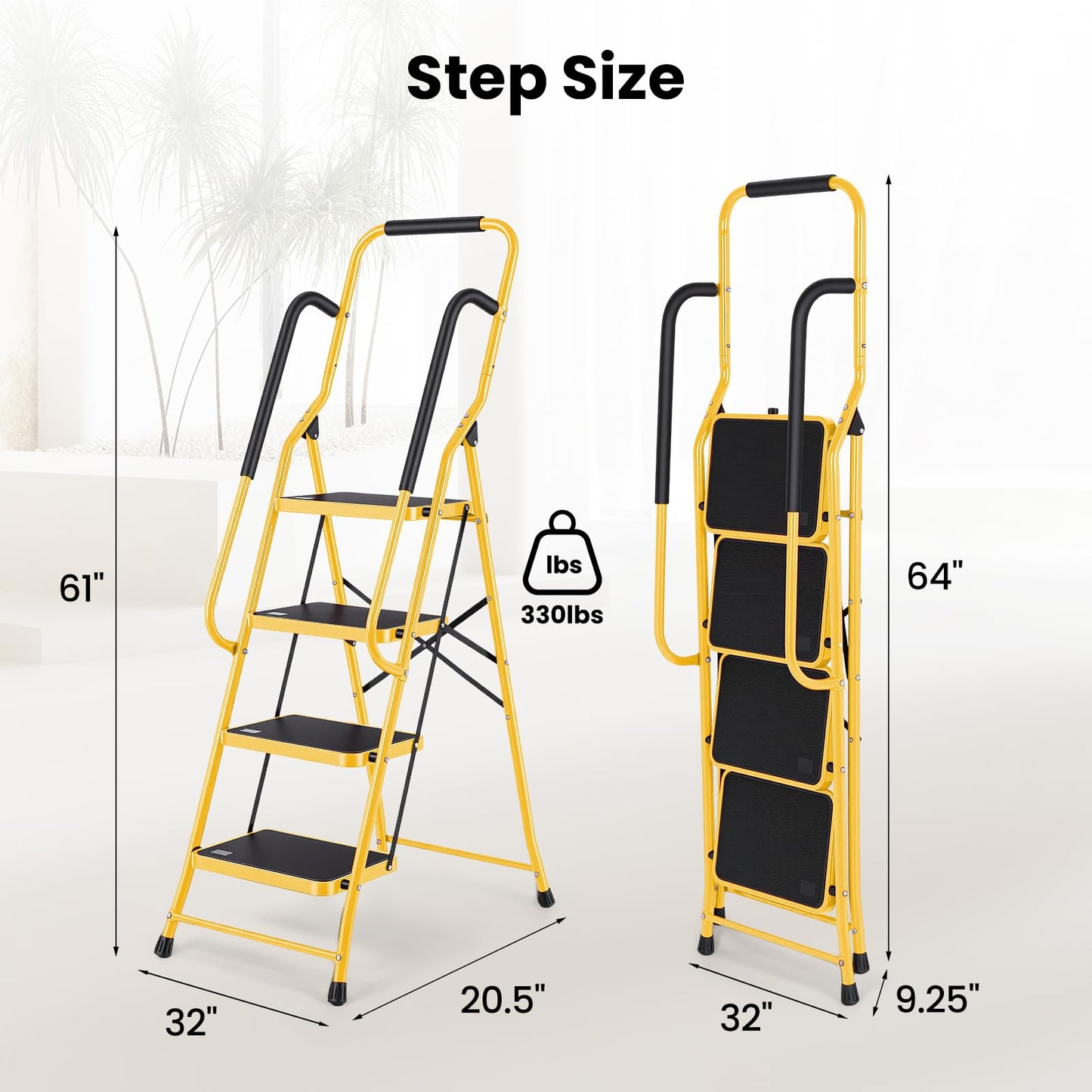 Step Ladder 4 Step Folding with Handrails, Sturdy Steel Portable Ladder, Folding Step Stool with Wide Anti-Slip Pedal, Lightweight Step Stool Foldable for Library Home Garage Office,Yellow