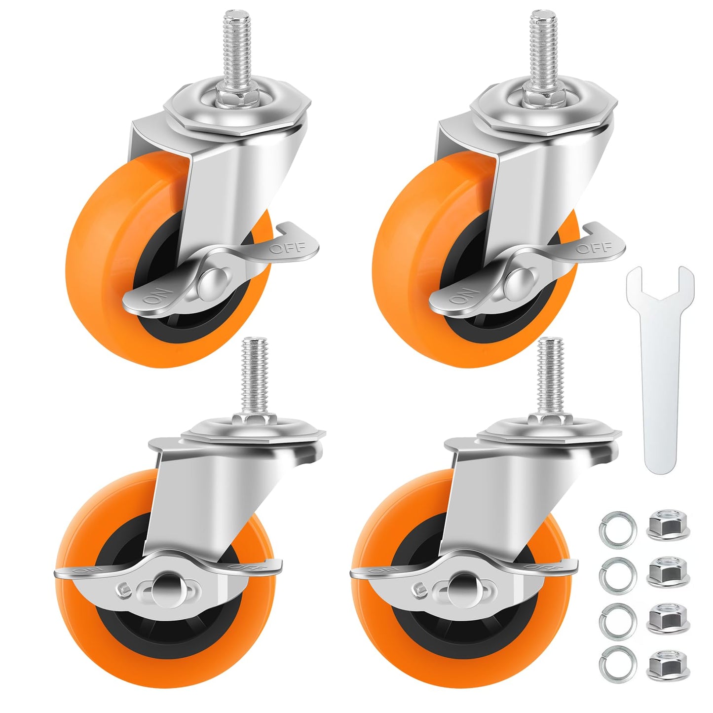 Caster Wheels, 3 Inch Casters Set of 4, Threaded Stem 3/8"-16 x 1 (Screw Diameter 3/8", Length 1") Polyurethane Locking Swivel Castors,Heavy Duty Caster with Brake Wheels for Furniture and Workbench
