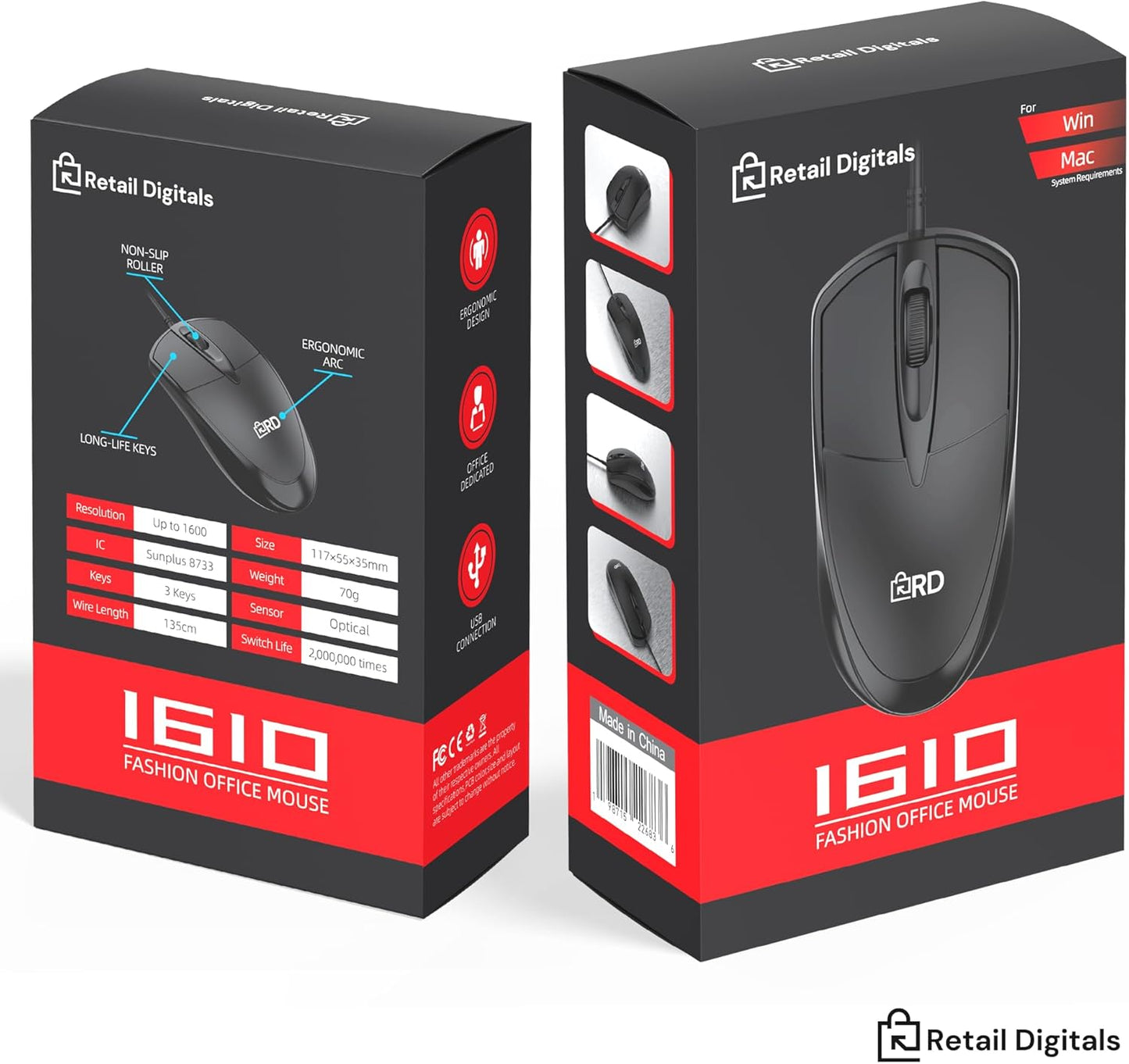 Retail Digitals 3-Button USB Wired Mouse | High-Precision Optical Tracking | Durable for Desktop & Laptop | Black