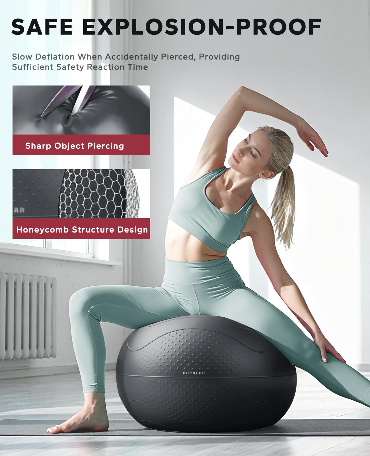 HAPBEAR Exercise Ball (22''/26''/30'') - Anti-Burst Slip-Resistant Yoga/Pilates Ball for Core Training & Posture Improvement, Home Gym/Rehab/Pregnancy Ball, Quick Pump & 3 Resistance Bands Included