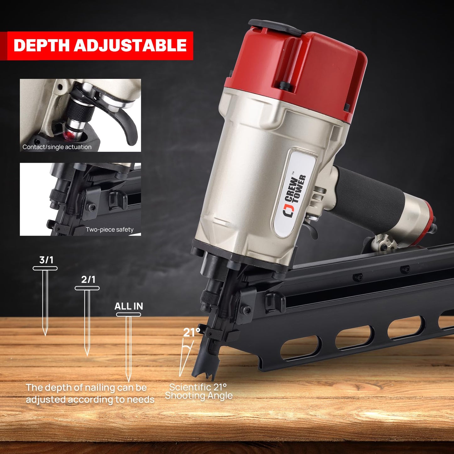 CREWTOWER 21 Degree Framing Nailer for Contractors - Pneumatic Nail Gun 2 Inch to 3-1/4 Inch for Framing, Sheathing and Roofing - Lightweight 8.6 lbs with Tool-Free Depth Adjustment - SRN9021