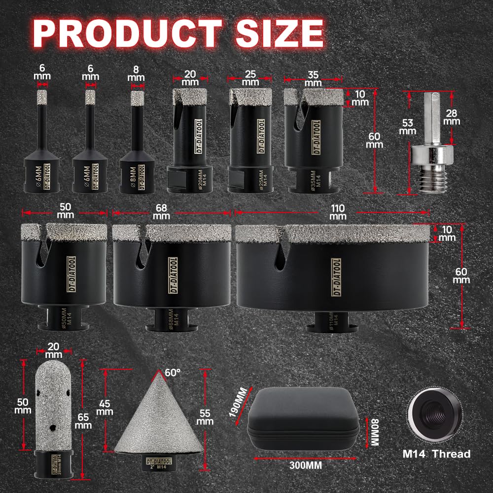 DT-DIATOOL Tile Hole Saw Kit Diamond Core Drill Bits Set 6/6/8/20/25/35/50/75/100mm & 4/5" Diamond Finger Bit with 2" Beveling Chamfer Bit and SDS Adapter for Tile Marble Granite