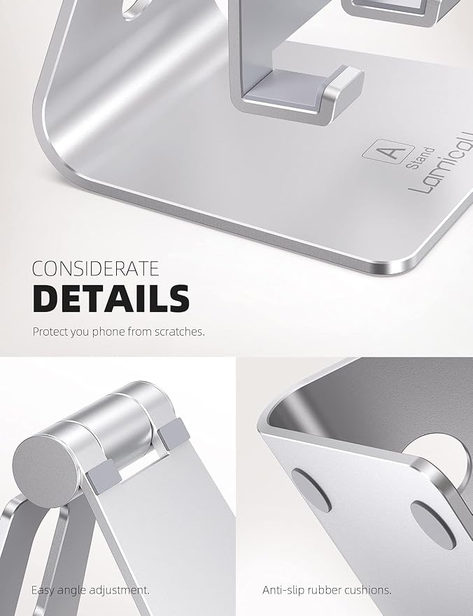 Lamicall Adjustable Cell Phone Stand, Desk Phone Holder, Cradle, Dock, for iPhone 16 15 14 13 12 Mini 11 Pro Xs Max XR X 8 7 6 Plus SE, Office Accessories,Smartphone - Silver
