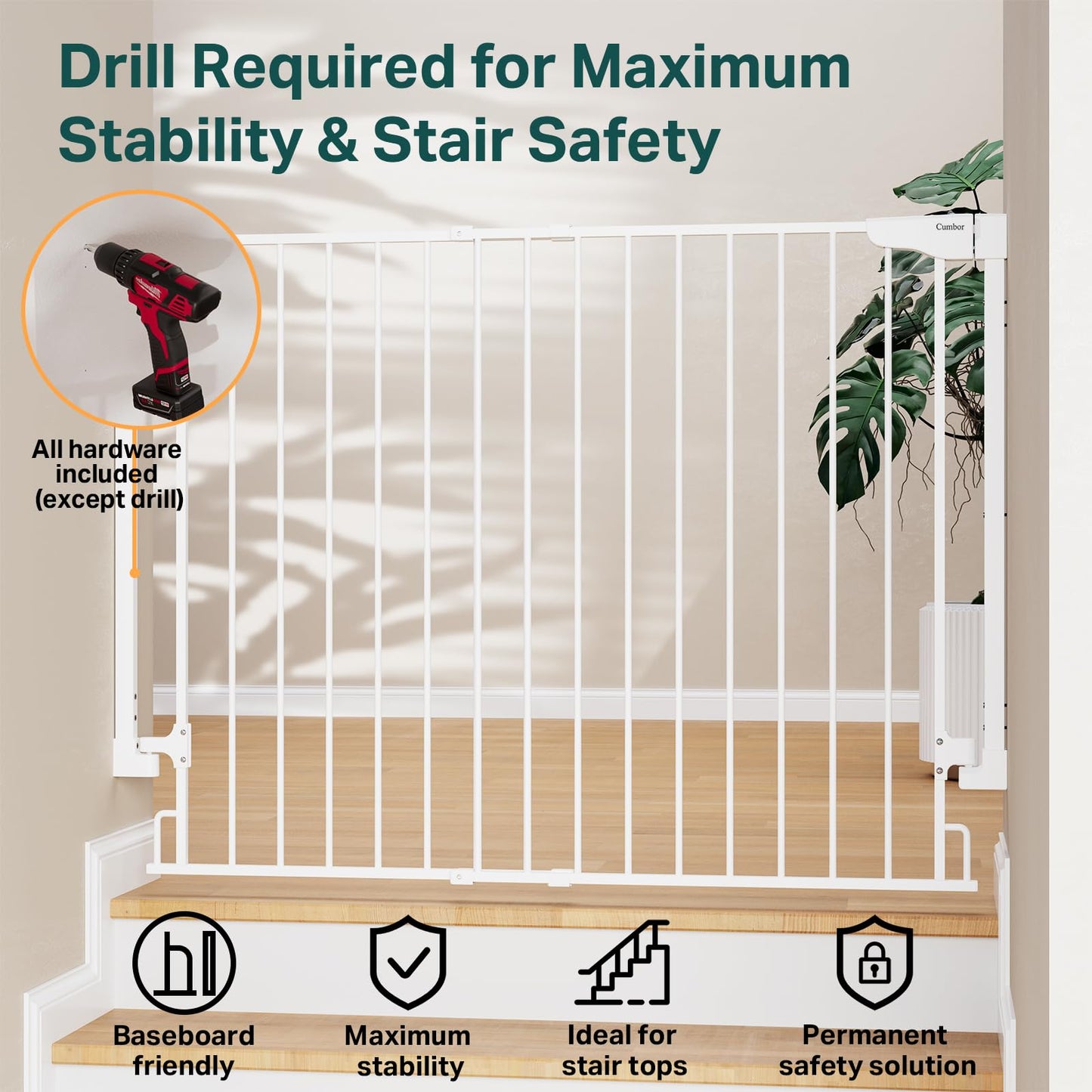 Cumbor 34" Extra Tall Baby Gate for Stairs, Hardware Mounted (Drill Required), Expandable 31.6-48" No Bottom Bar Dog Gate Indoor for Larger Pets, Large Walk Thru Door for Easy Access (White)