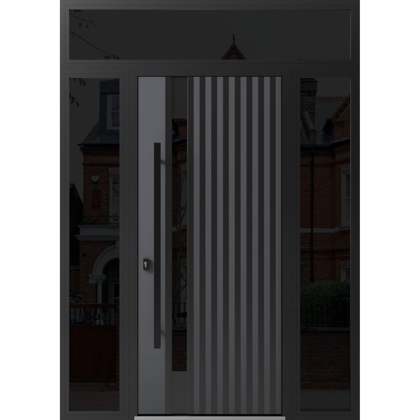 VDOMDOORS Front Exterior Prehung Steel Door/Ronex 0144 Grey / 2 Side and Top Exterior Window Sidelite/Entry Metal Modern Painted W12+36+12" x H80+16" Right Hand Inswing