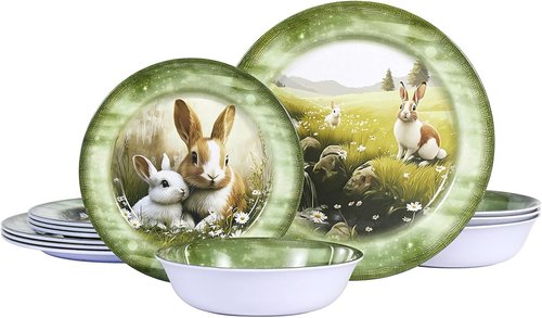 Green Bunny 12-Piece Melamine Dinnerware Set - Lightweight, Shatterproof Plates & Bowls for 4 | Ideal for Picnics & Outdoor Parties