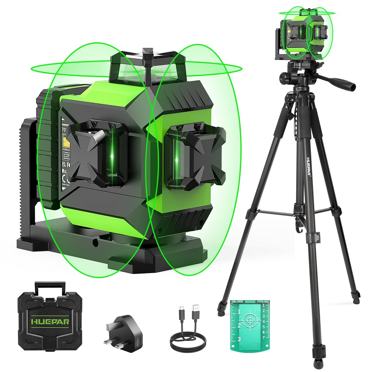 Huepar 360 Laser Level Self-Leveling Cross Line Laser Level 3D Green Beam 197Ft. Laser Tool 67.72" Lightweight Extendable Tripod, Li-ion Battery, Magnetic Base, Hard Carry Case-703CG&T16A