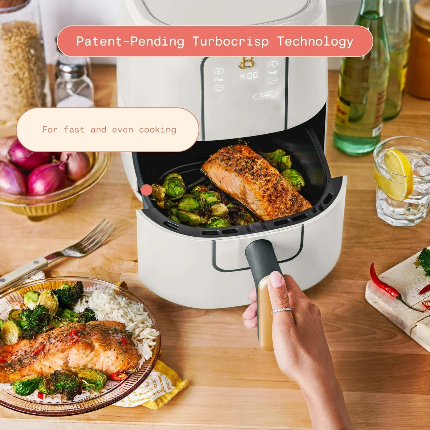 B - 3-Quart Digital Air Fryer, TurboCrisp Technology, 4 Presets, 170°F-400°F, Non-Stick, Dishwasher Safe, 1200 Watt. (White Icing)