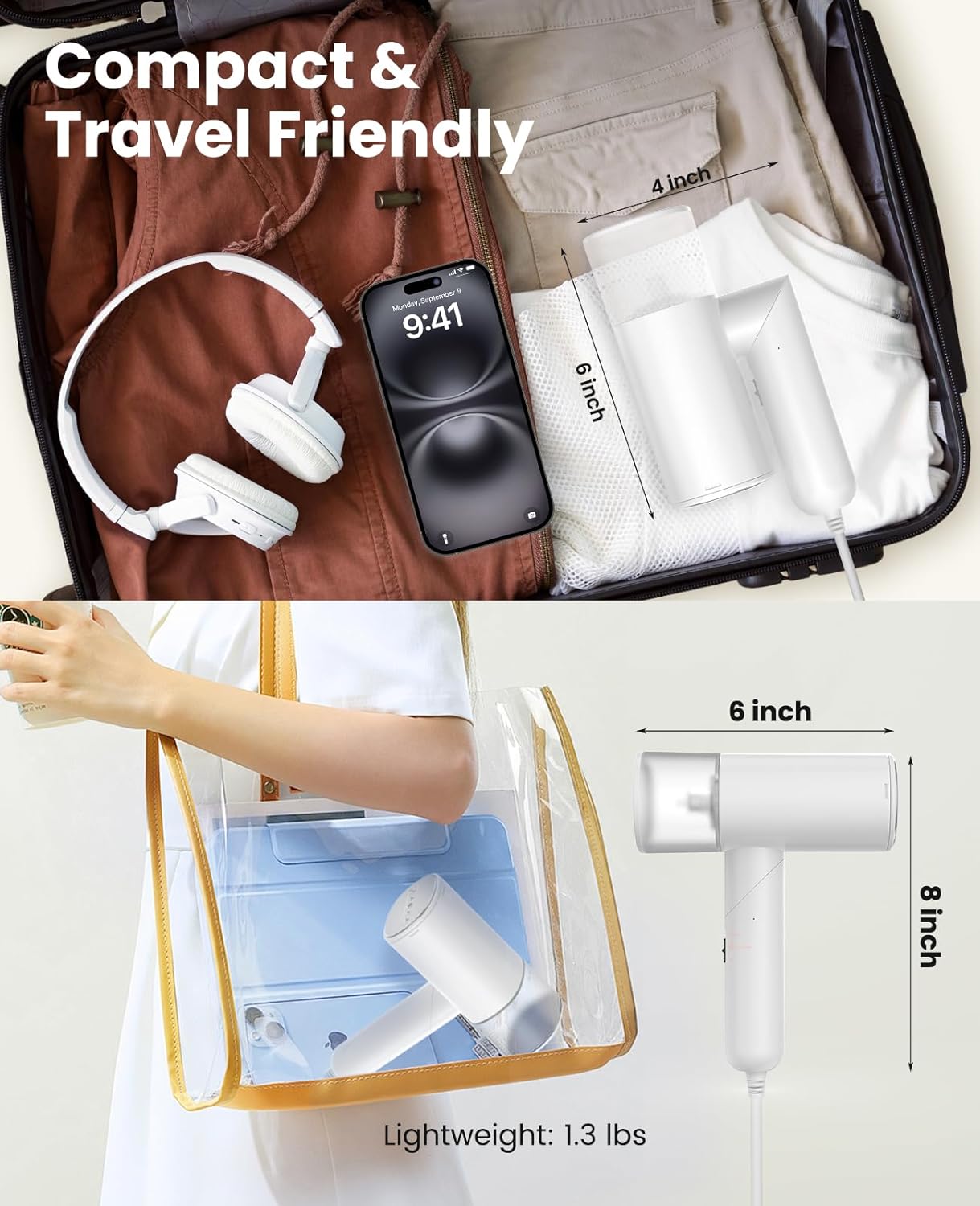 Skiennix Handheld Clothes Steamer - 1200W Portable Travel Iron with 150ml Tank | Fast 20 Sec Preheat - White