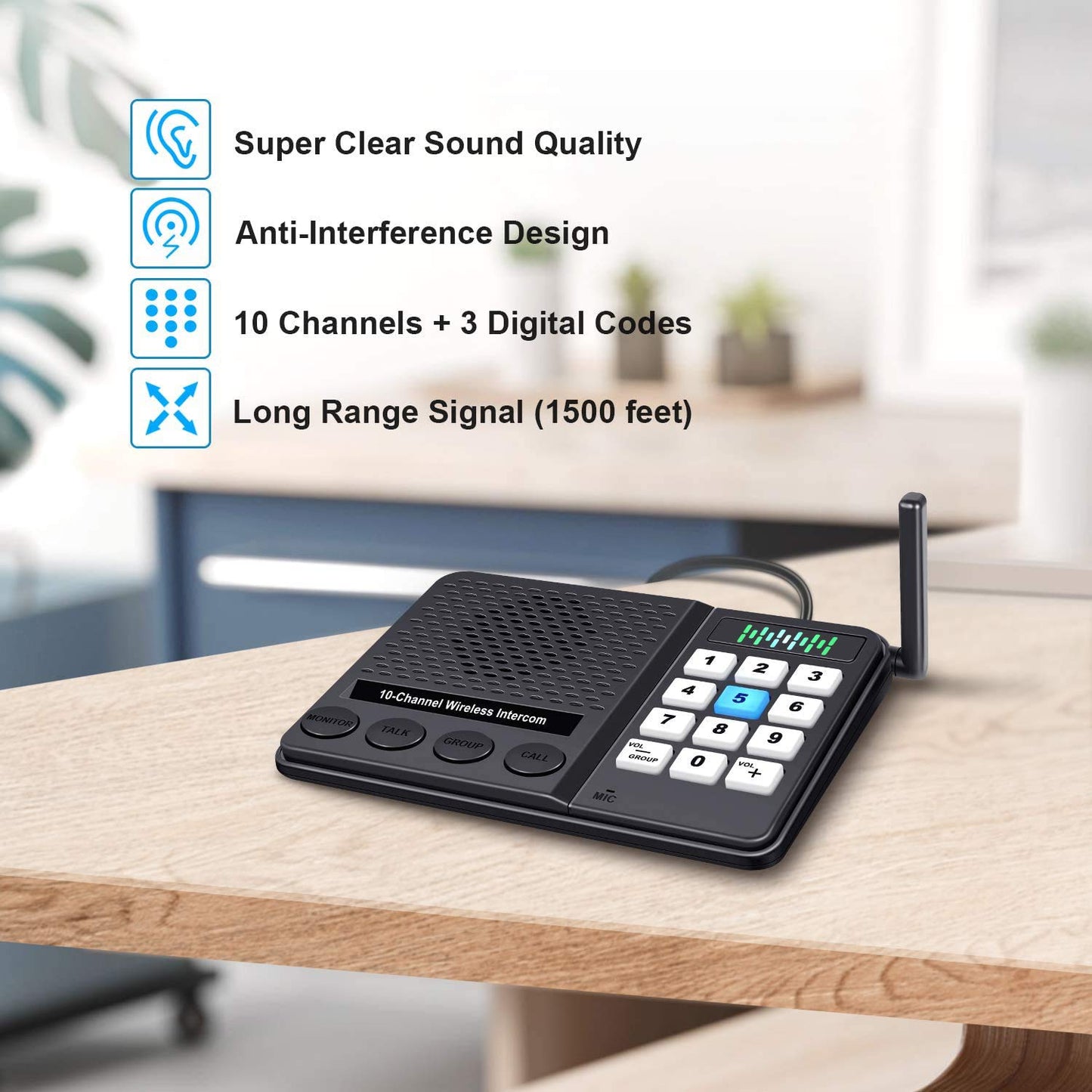 5 Pack Wireless Intercom System for Home Business - GLCONN Room to Room Communication System 10 Channel 3 Code Intercoms Wireless for Home House Hotel