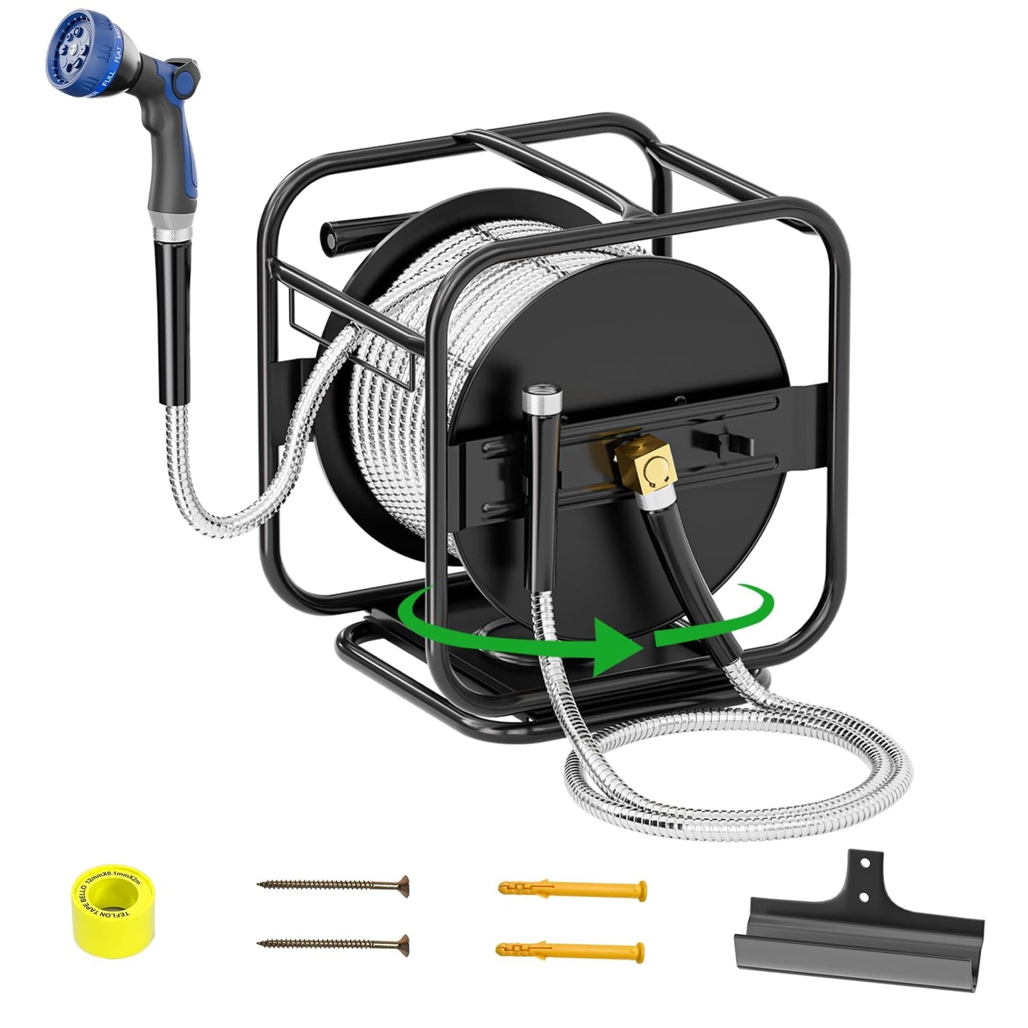 SPECILITE Upgraded Metal Garden Hose Reel With 100 Ft 304 Stainless Steel Water Pipe, Heavy Duty Anti-UV Wall Mount/Freestanding Spool with Nozzle, 360° Rotation Frame for Yard