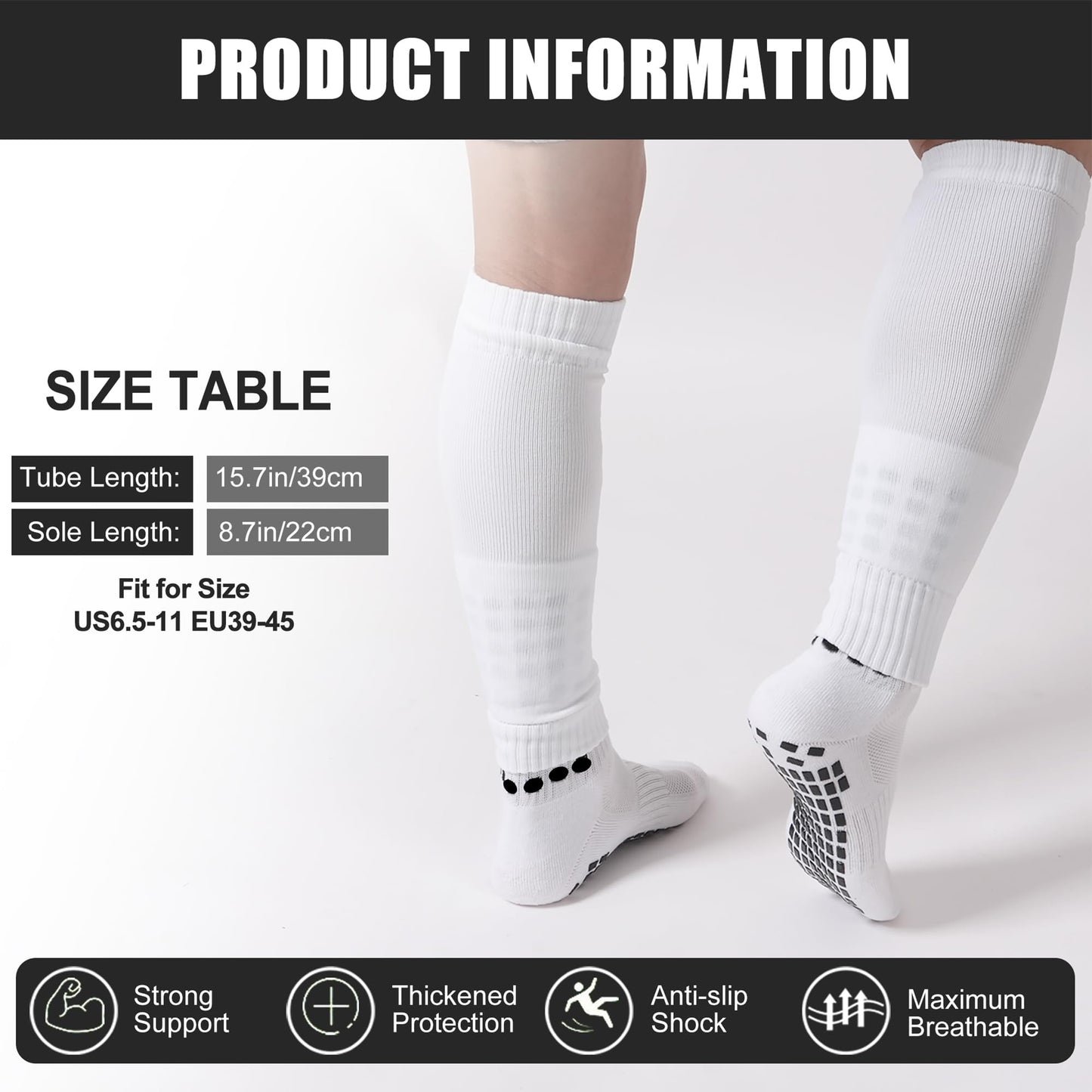 Barrlves 2 Set Grip Soccer Socks and Shin Guard Sleeves Non Slip Soccer Sleeve Socks for Men Women(US, Alpha, One Size, Regular, Regular, Black&White)