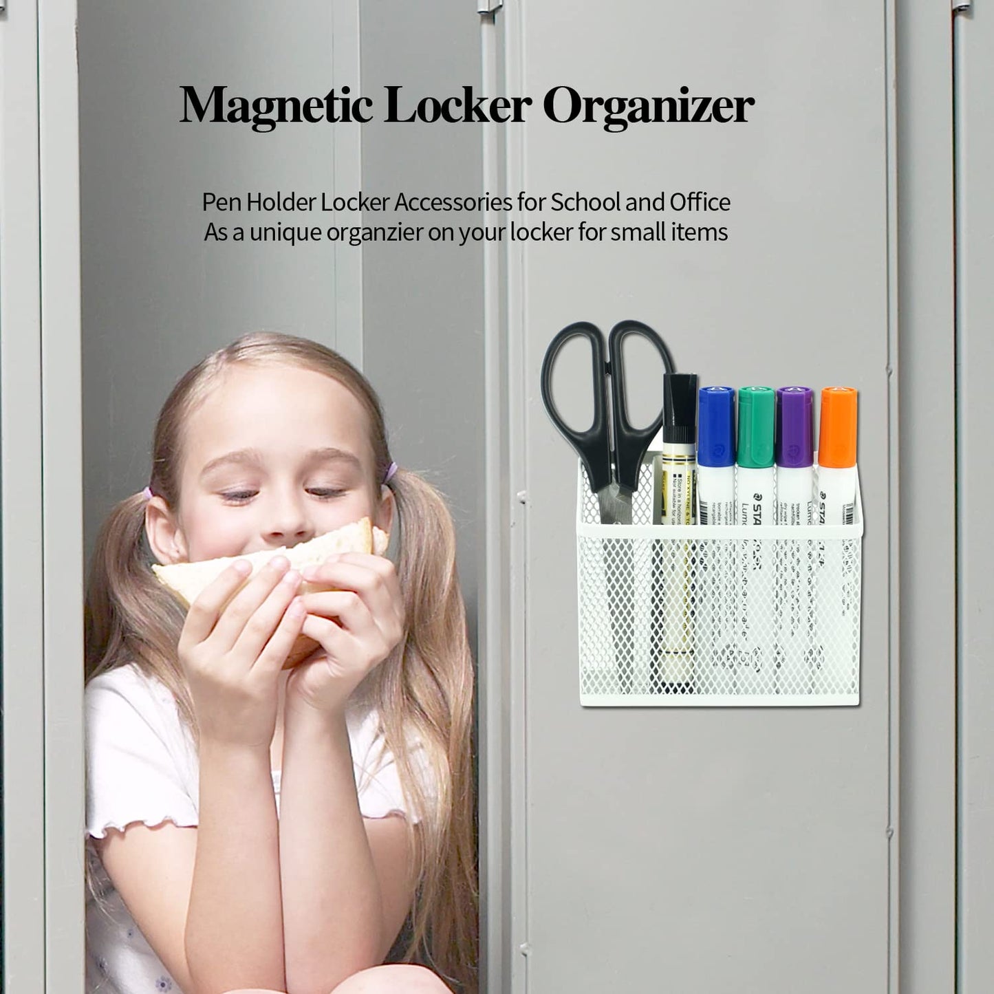 Neudeco Locker Organizer Kit, 4-Piece Set with Foldable Mesh Locker Shelf and Magnetic Pen Holders, Stackable Storage for School, Work & Gym Lockers, White