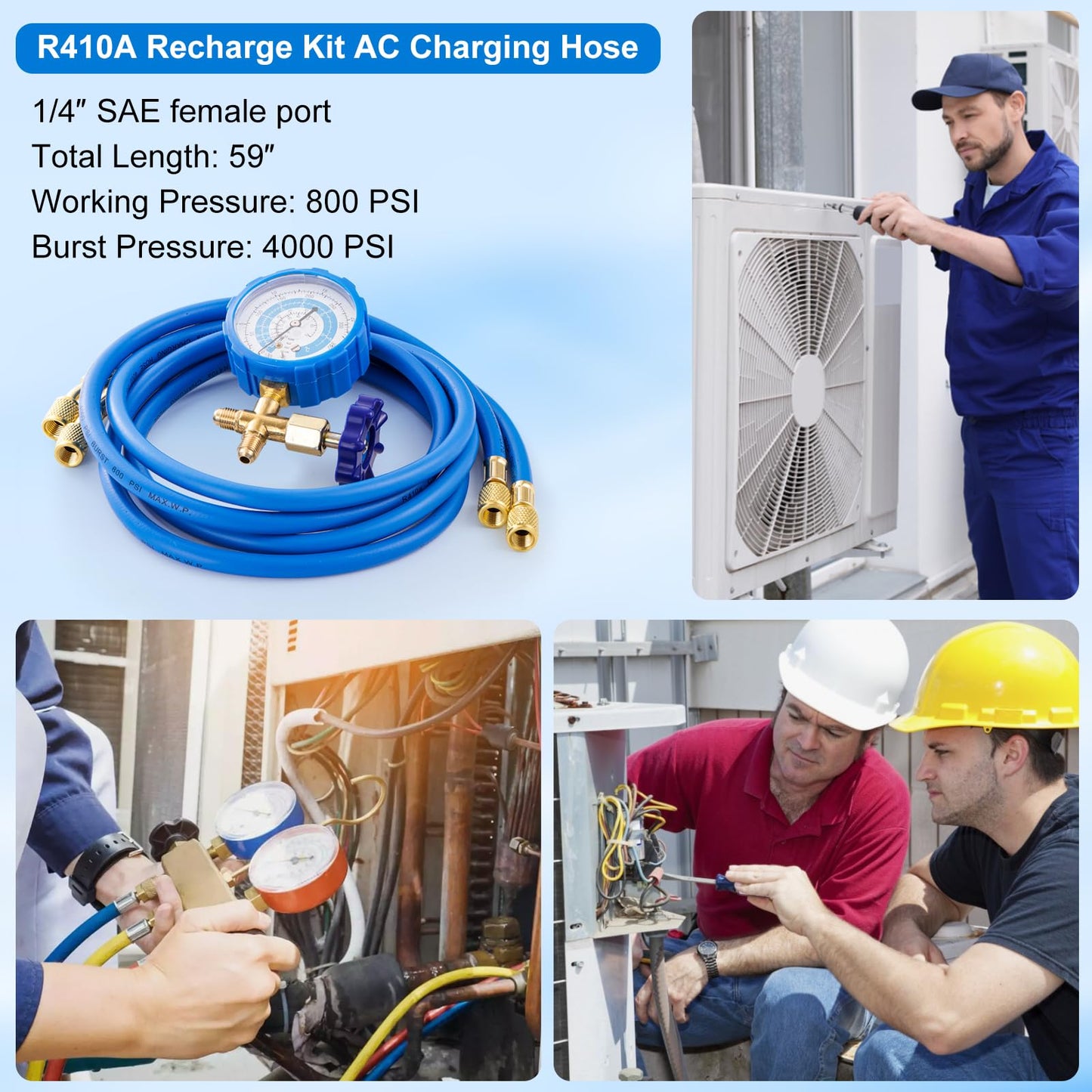 R410A Recharge Kit AC Charging Hose, R410A Manifold Gauge Set with R410A Mini Split Adapter 1/4 x 5/16, R134A Tank Adapter 1/4 SAE X 1/2, Low Pressure Manifold Gauge Hose 59’’