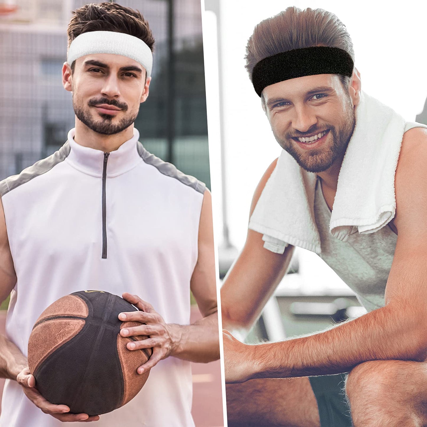 BEACE Sweatbands Sports Headband for Men & Women - 6PCS Moisture Wicking Athletic Cotton Terry Cloth Sweatband for Tennis, Basketball, Running, Gym, Working Out Bl/Wh/Gr/Ma/DP/LT