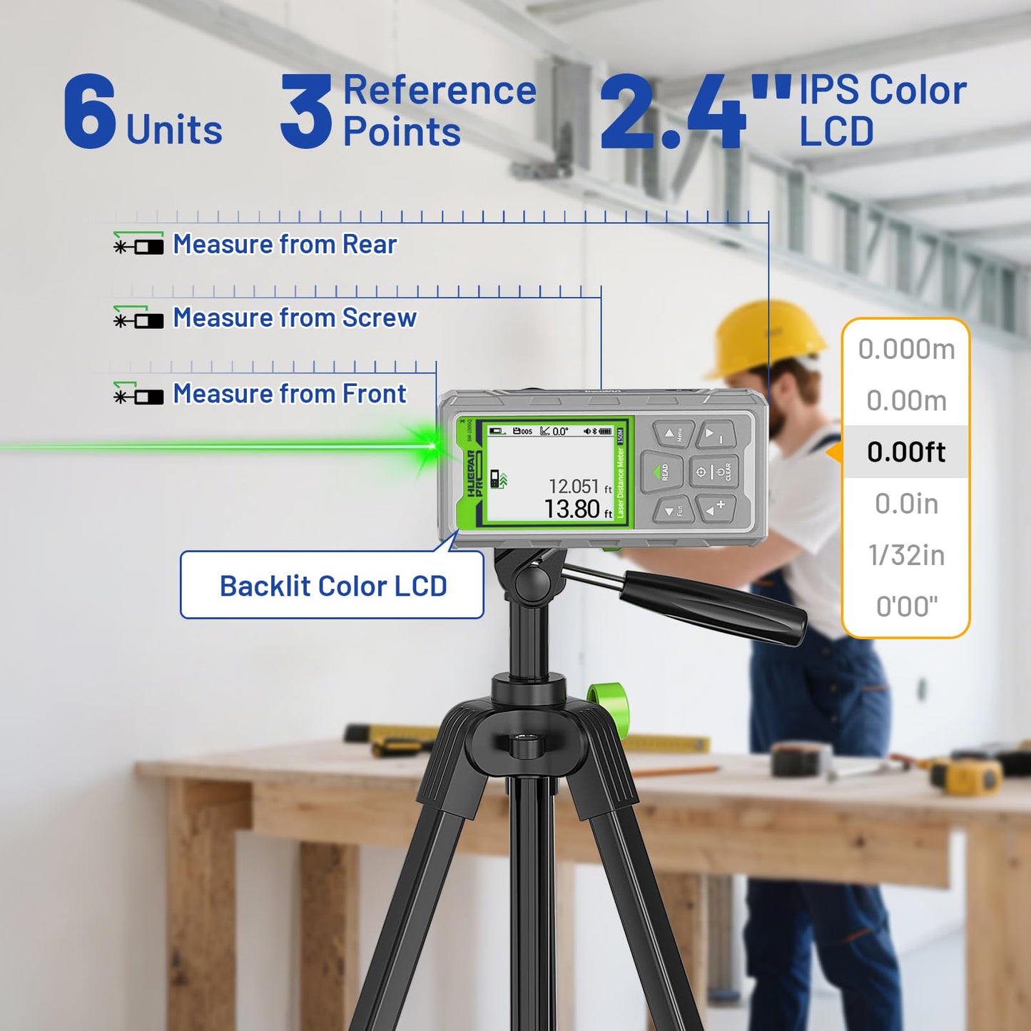Huepar Pro Laser Measuring Tool, 495Ft Outdoor Laser Measure with Camera&Bluetooth Connected, Green Laser Distance Meter with P2P Technology, Free APP, IP68, Micro USB Cable, Hand Strap&Pouch-SW-150GQ