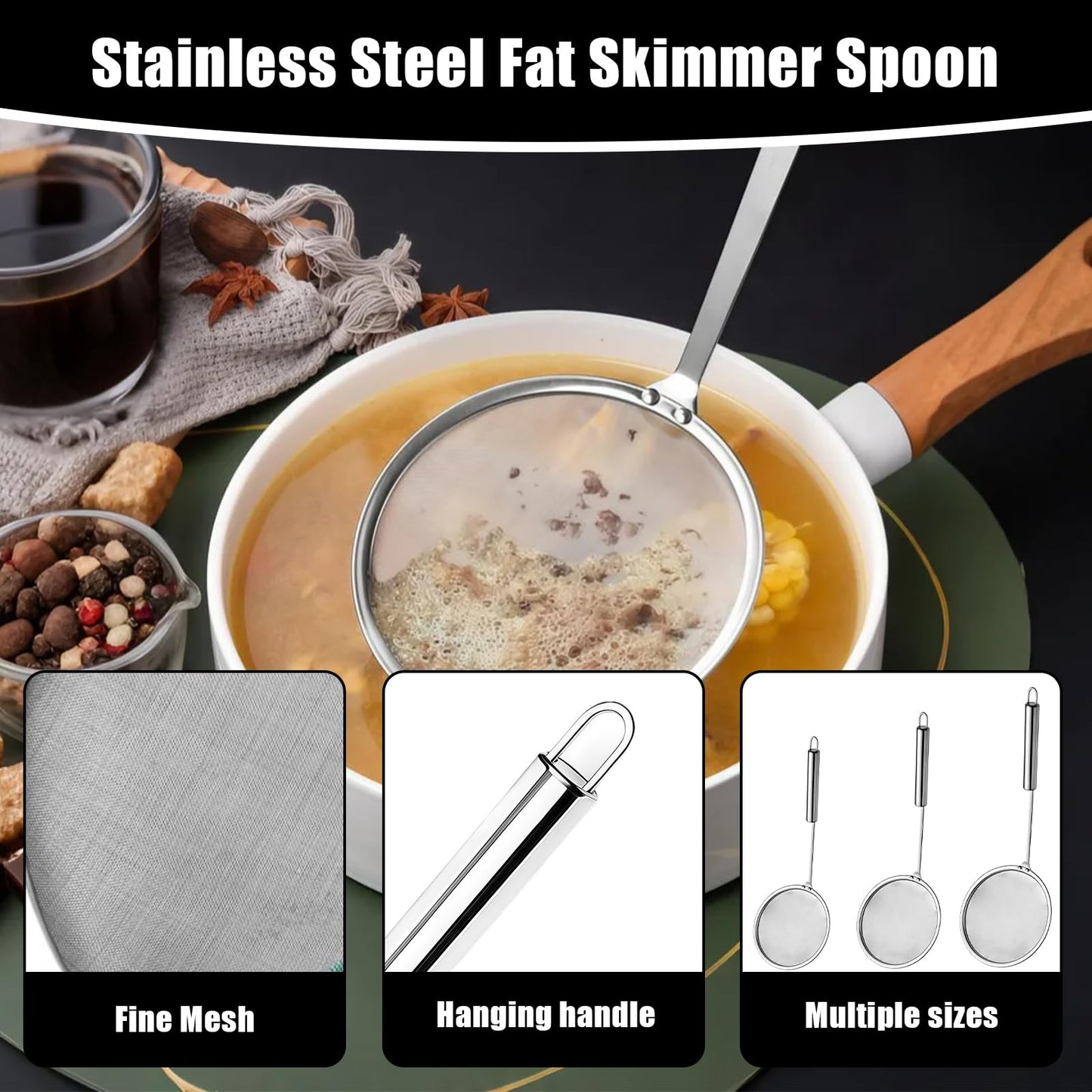 3 Pack Fat Skimmer Spoon Multi-Functional Stainless Steel Hot Pot Fat Strainer with Fine Mesh (4”, 4.7”, 5.5”) Long Handle for Frying, Soup, Quinoa, Miso