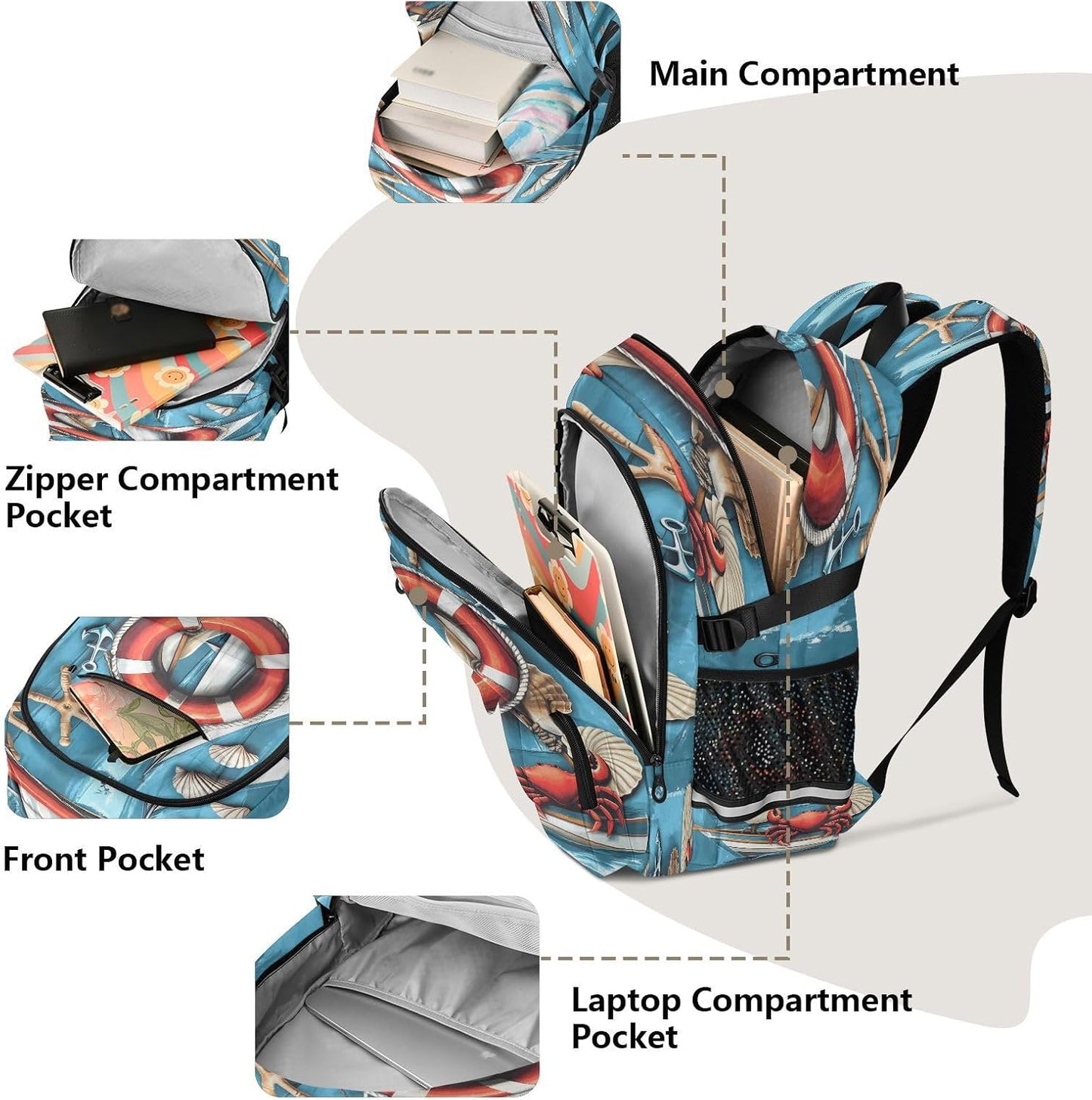 Backpack Sailboat Backpack Daypack ALAZA School for Teen Girls Boys Ocean Crab Kids Purse College Laptop Bookbag Casual