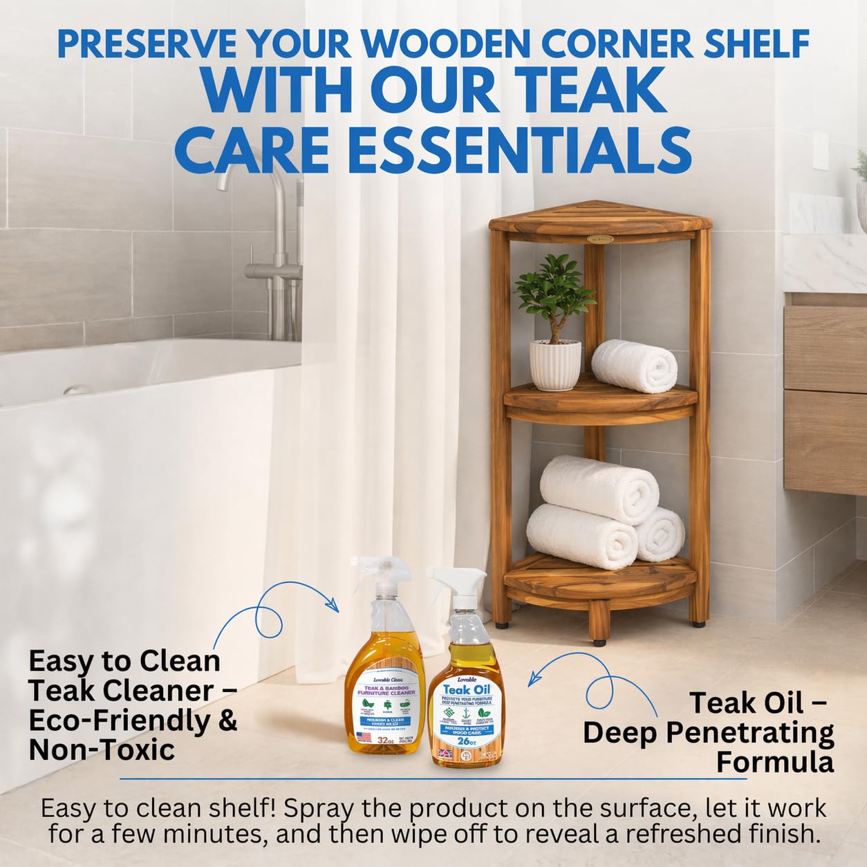 EcoDecors Snazzy Corner Gold 3 Tier Corner Shelf FSC Teak Wood Bathroom Shelf Natural Water Resistant Spa Shower Organizer for Bathroom Sauna Bath Storage 17 x 12 x 32 in