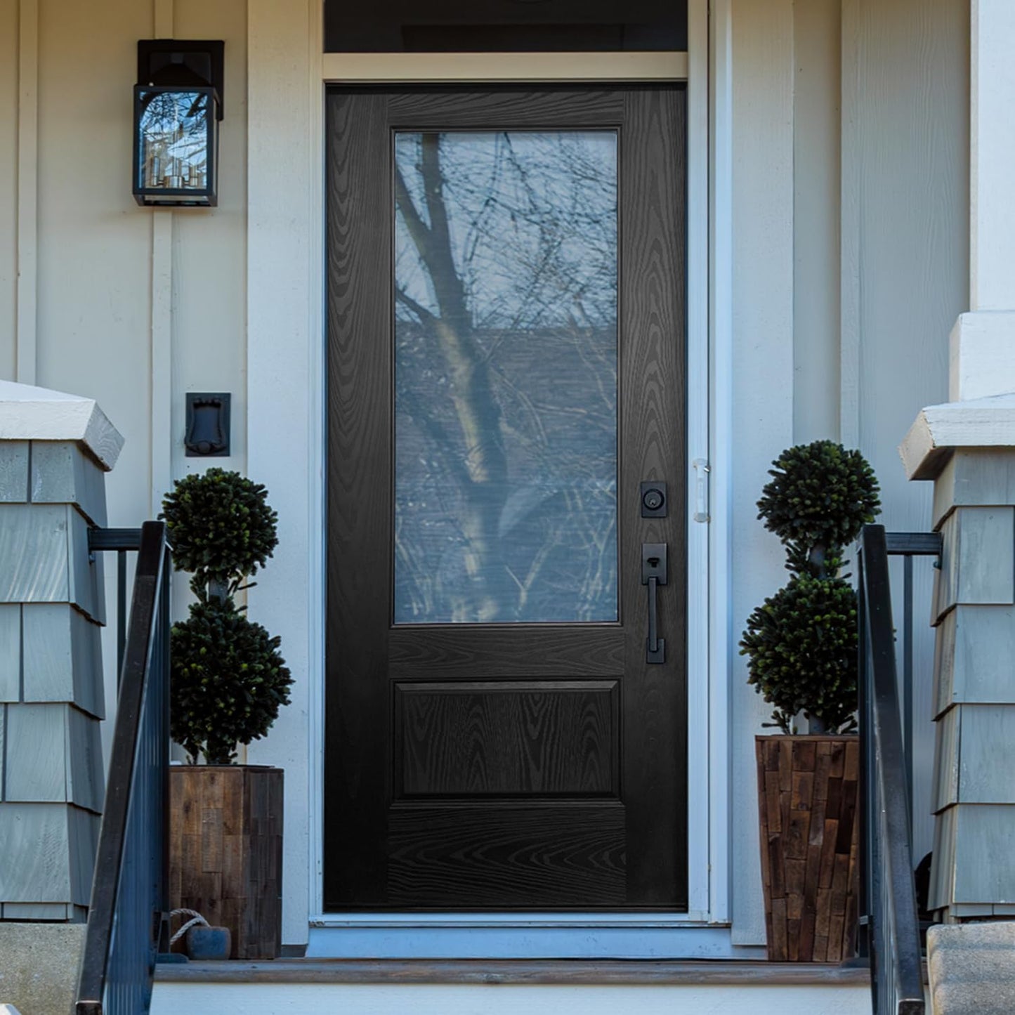 Black & White Dual Finish Fiberglass Entry Door, Prehung 36"x80" Exterior Door with 3/4 Lite Clear Glass, Brickmould & Trim Included, Left Hand Inswing