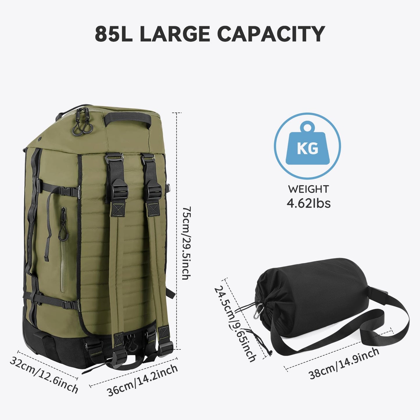 Vrtisa 85L 29“ Foldable Rolling Backpack with Wheels, Soft-side Travel Duffle Bag with Separate Shoe Compartment, Full Quilted Bottom,Army Green