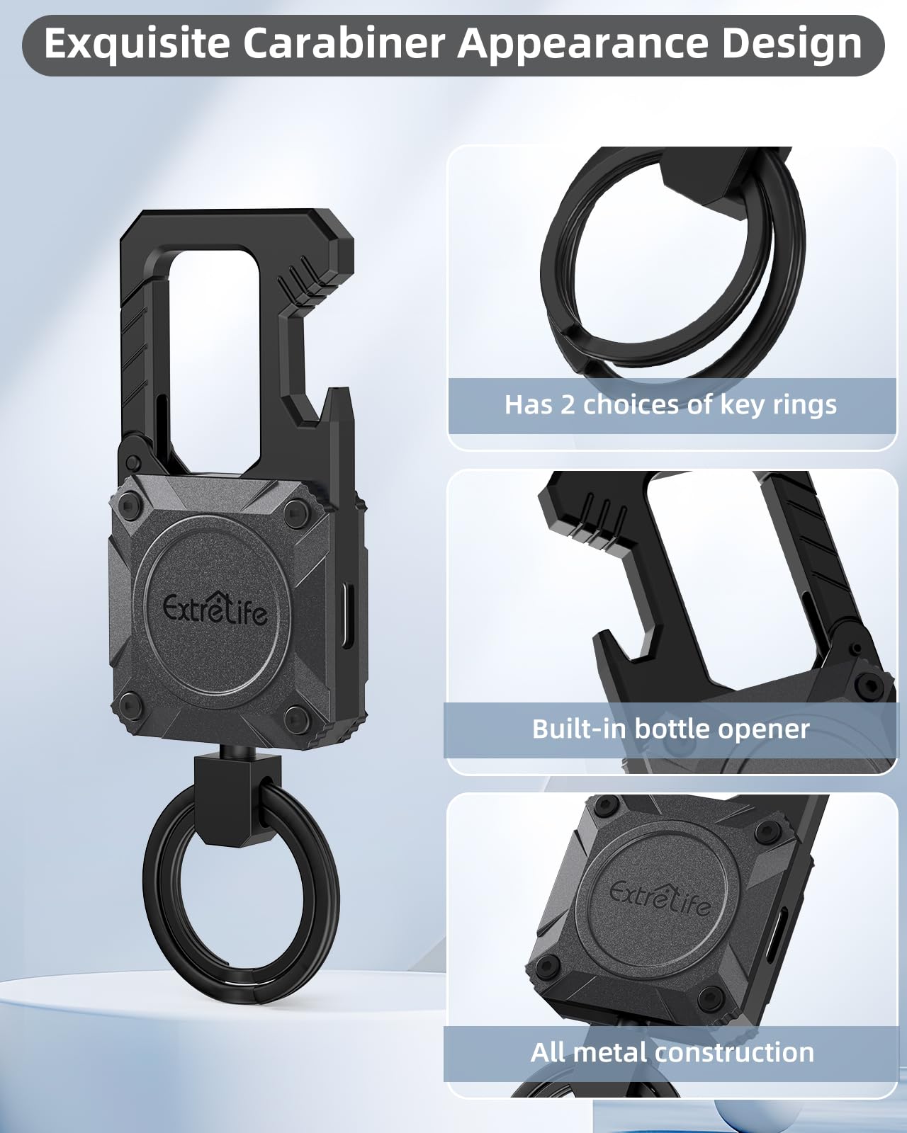 ExtreLife Keychain, Works with Apple Find My, Heavy Duty Keychain Bottle Opener, Carabiner Car Key Chains with Gps Tracker, Key Finder, Bluetooth Tracker, Rechargeable, Space Gray