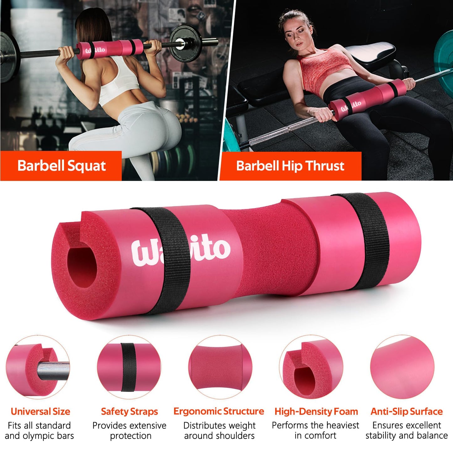 WALITO Barbell Squat Pad Set for Women, 10 Pcs Hip Thrust Gym Equipment with Exercise Handles, Wrist Wraps, Lifting Straps, Booty Band & Jump Rope, Portable Cable Machine Attachments